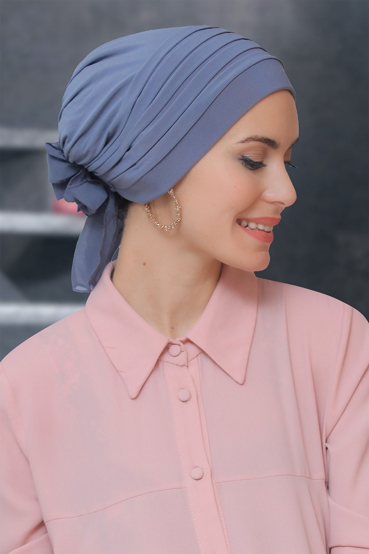 HÜRREM BONE Gri Pratik Hazır Geçmeli Tesettür Bone Sandy Kumaş Pileli Nervürlü Güllü - Hürrem 1806