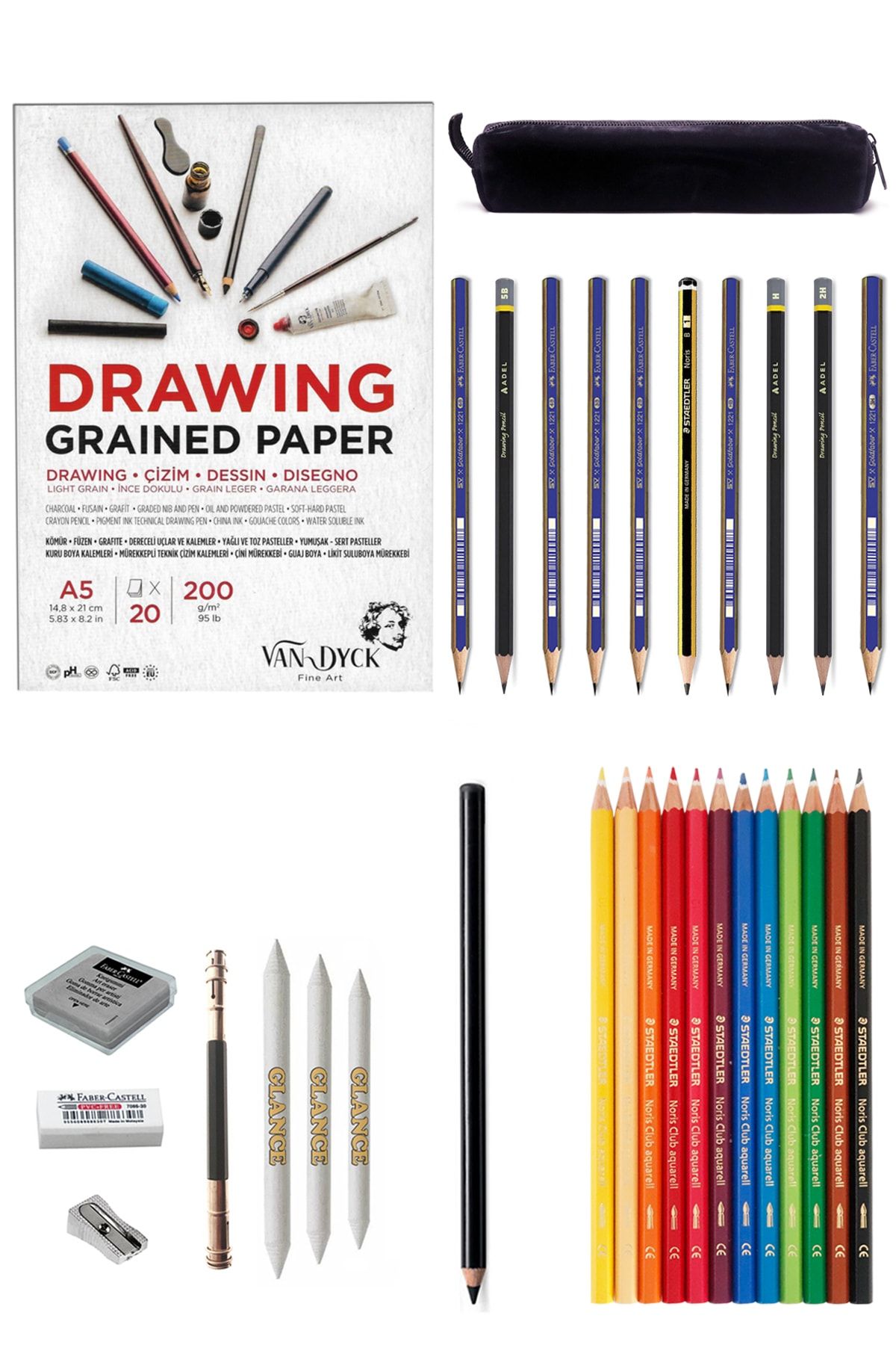 GLANCE Van Dyck 200 Gr A5 Eskiz Defterli Karakalem Ve Staedtler Noris Kuru Boya Kalemi Çizim Eskiz Seti