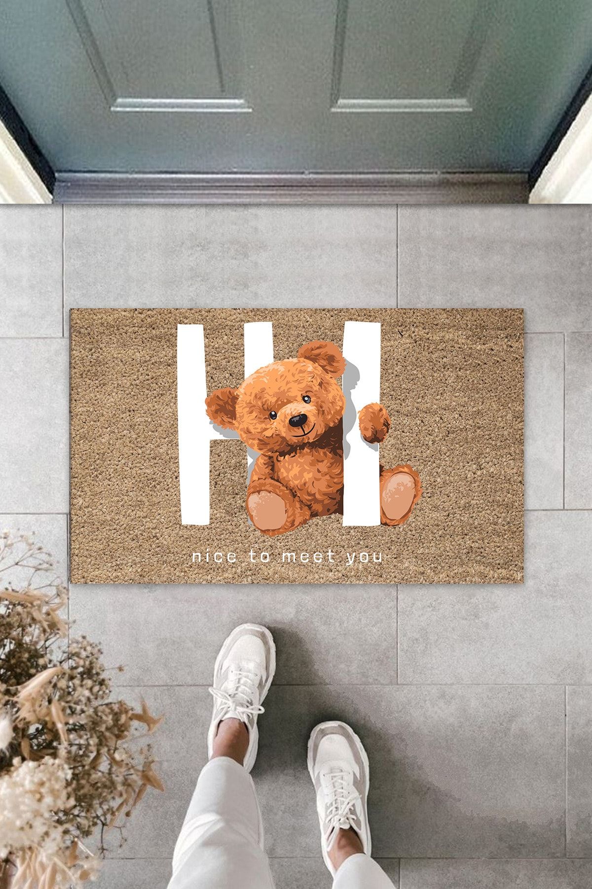 Silkcoat Home Çok Amaçlı Dijital Nice To Meet You Ayıcık Bej Kapı Paspası Dış Mekan Paspas