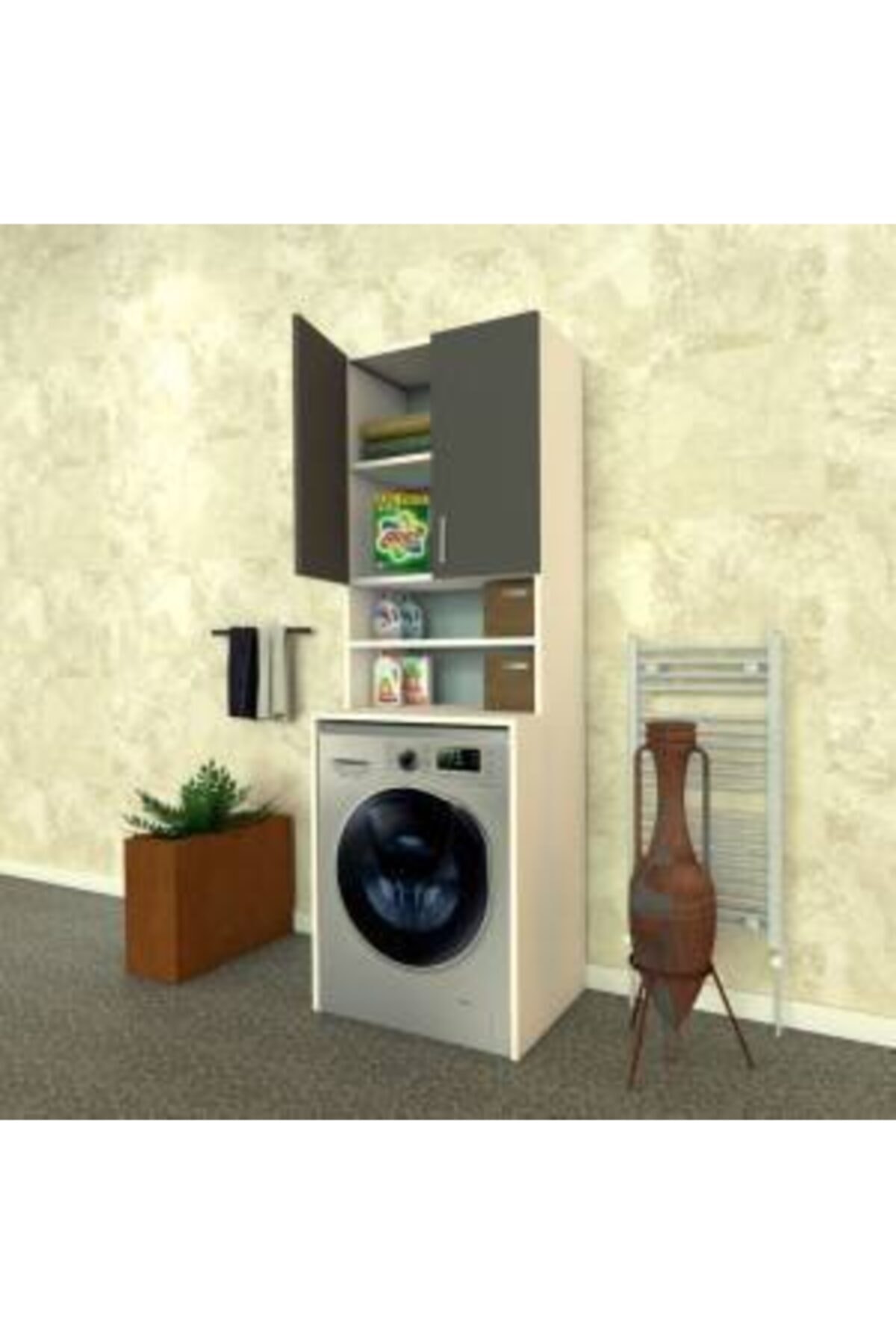 dekorstilim Banyo Dolabı Çamaşır Makinesi Dolabı Makine Korumalık Raflı Kapaklı Dolap