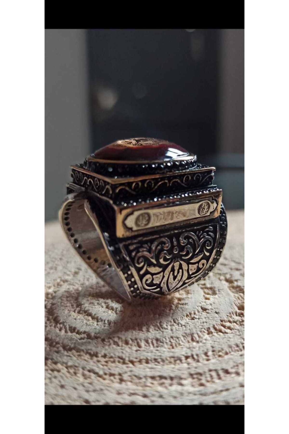 everest silver Osmanlı Turalı Kırmızı Kehribar Taşlı 925 Ayar Erkek Gümüş Yüzük