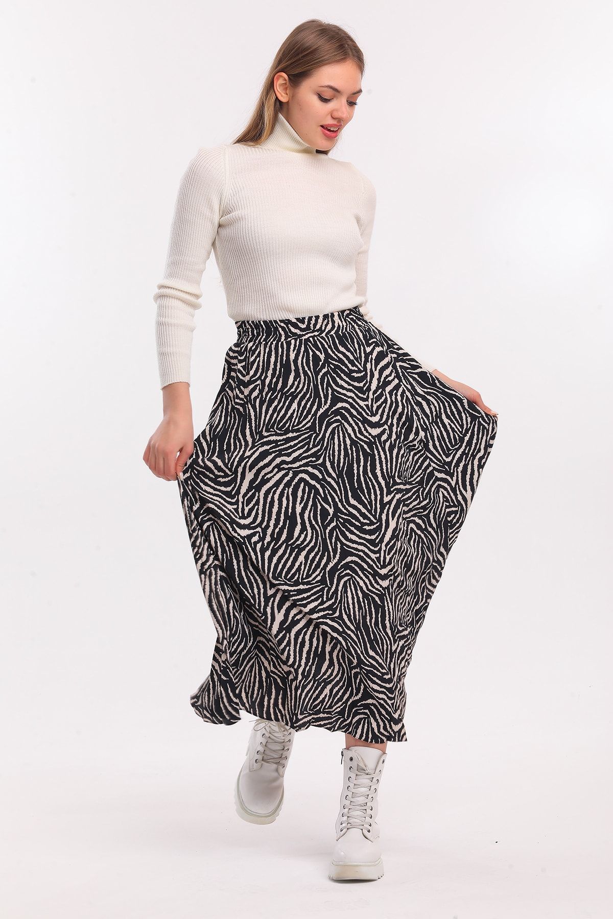 SAQA Prive Zebra Desenli Pileli Etek