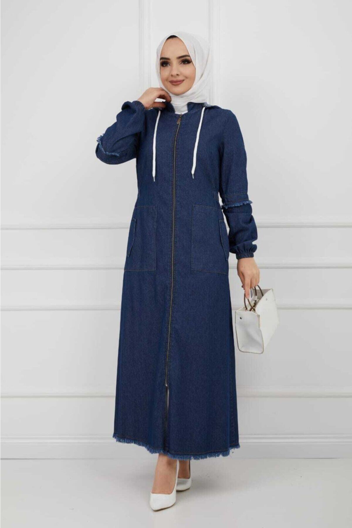 nacar çarşı Kadın Önü Fermuarlı Kapüşonlu Ince Kot Lacivert Pardesü