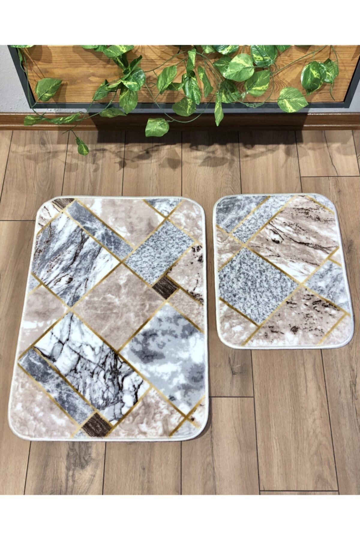 Valavingo Granit Desen Vizon 2'li Set Banyo Halısı Paspas Kaymaz Taban Yıkanabilir Klozet Takımı