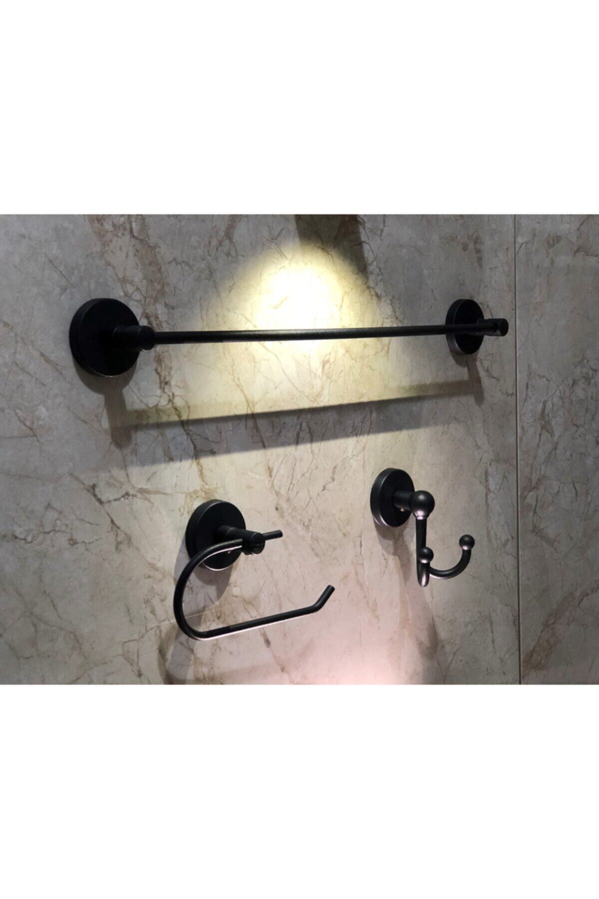 evina Banyo Aksesuar Seti, Siyah, Düz Havluluk, K. Tuvalet Kağıtlığı, Bornozluk - Mat Siyah
