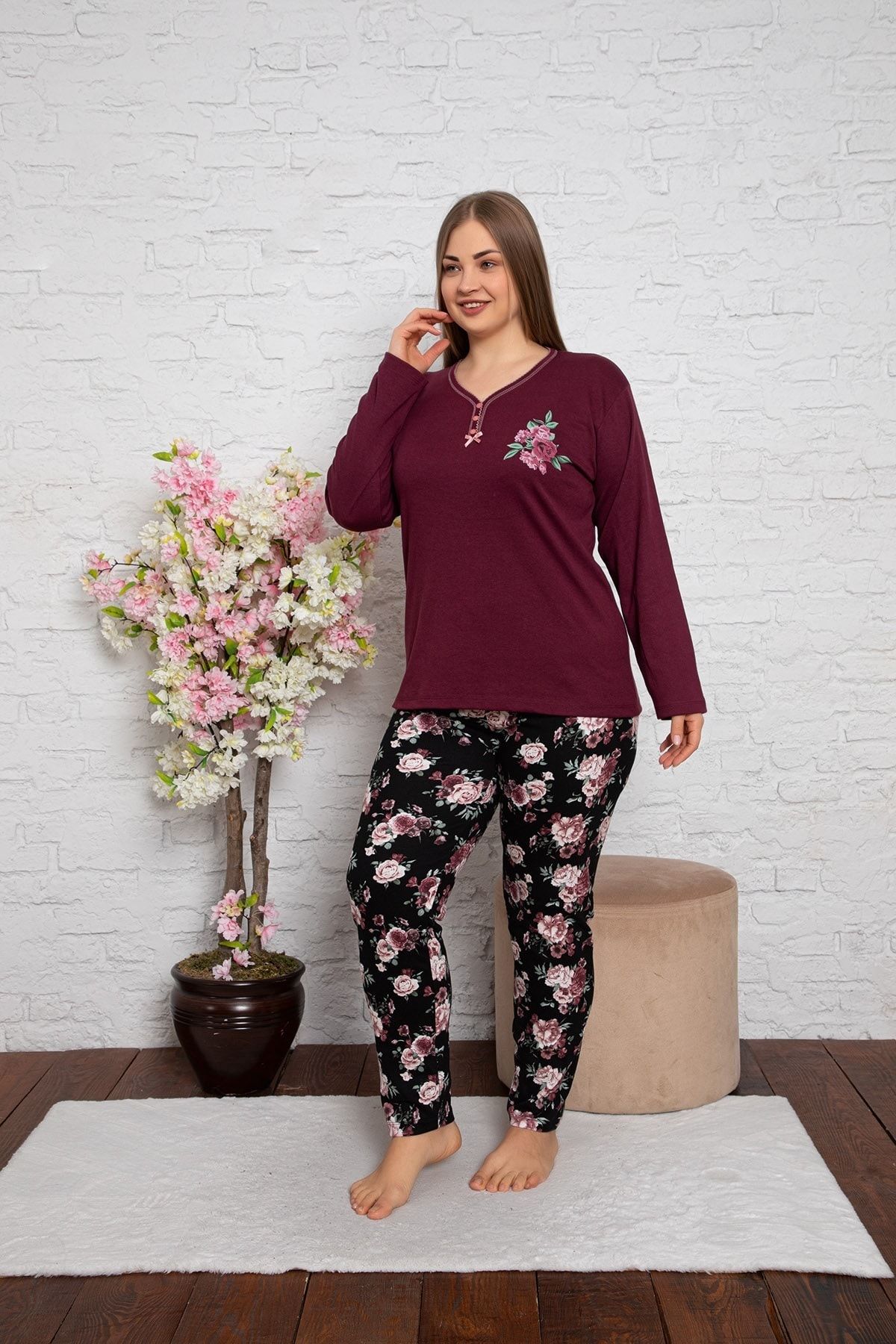 MODAREYA Büyük Beden Mürdüm Çiçekli Pijama Takımı
