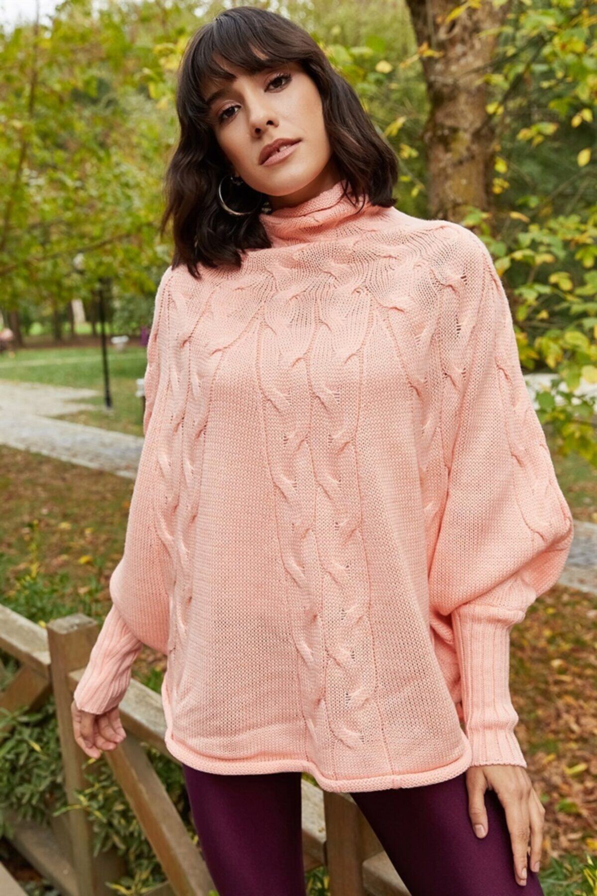 AQE FASHION Kadın Pudra Örme Panço
