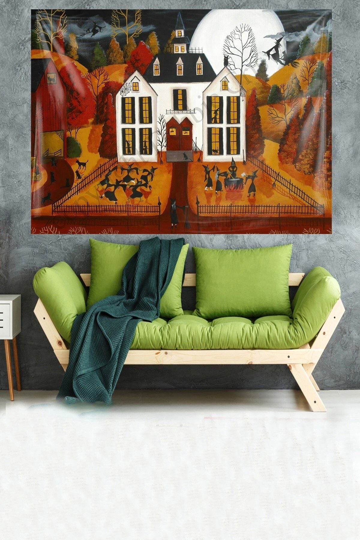 on the clouds Hallowen Şato Cadı Desen Leke Tutmaz Kadife Dokulu Kumaş Duvar Örtüsü Duvar Halısı Tapestry