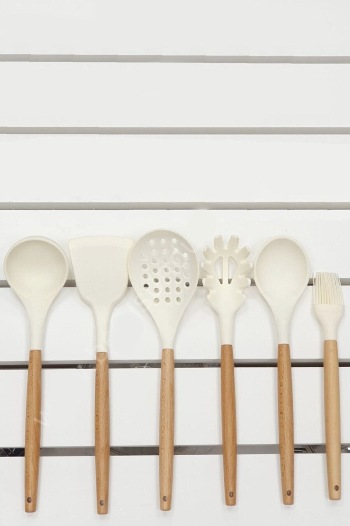 ZÜBAHOME Silikon Bambu 6 Parça Spatula Servis Kaşık Kepçe Kevgir Fırça Bambu Kaşık Takımı Seti