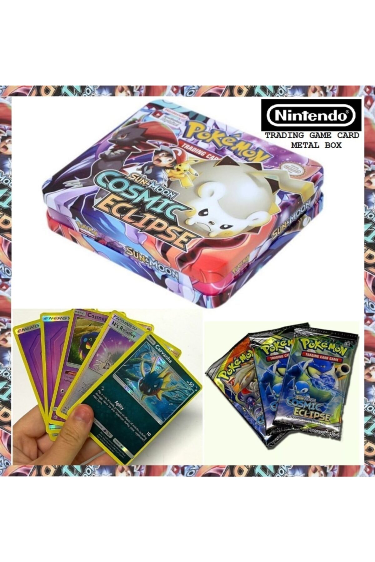 Nintendo Pokemon Oyun Kartı Orjinal 74kart Metal Saklama Kutu