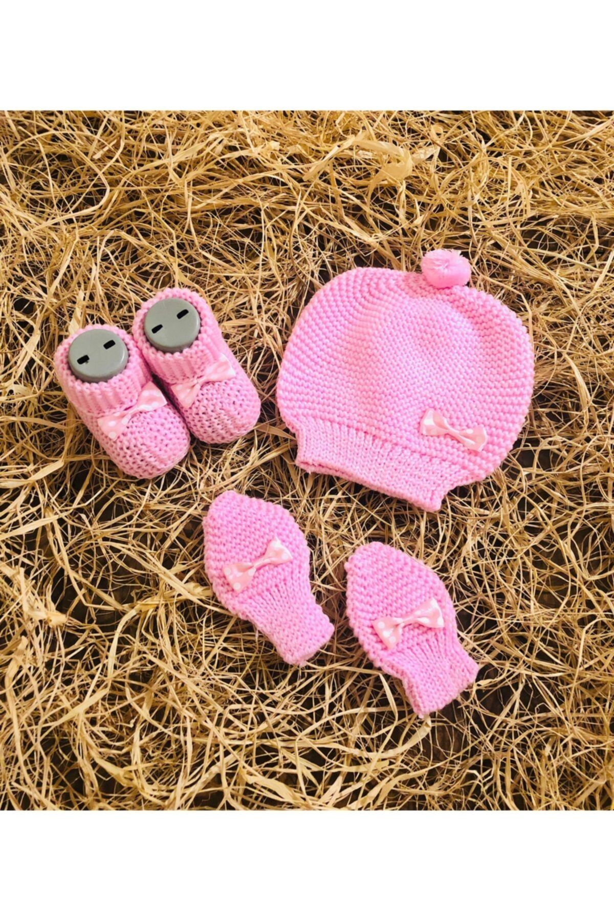 Bebexi Yeni Doğan Kız Bebek Pembe Fiyonklu Triko Bere Eldiven Patik Set 0-3