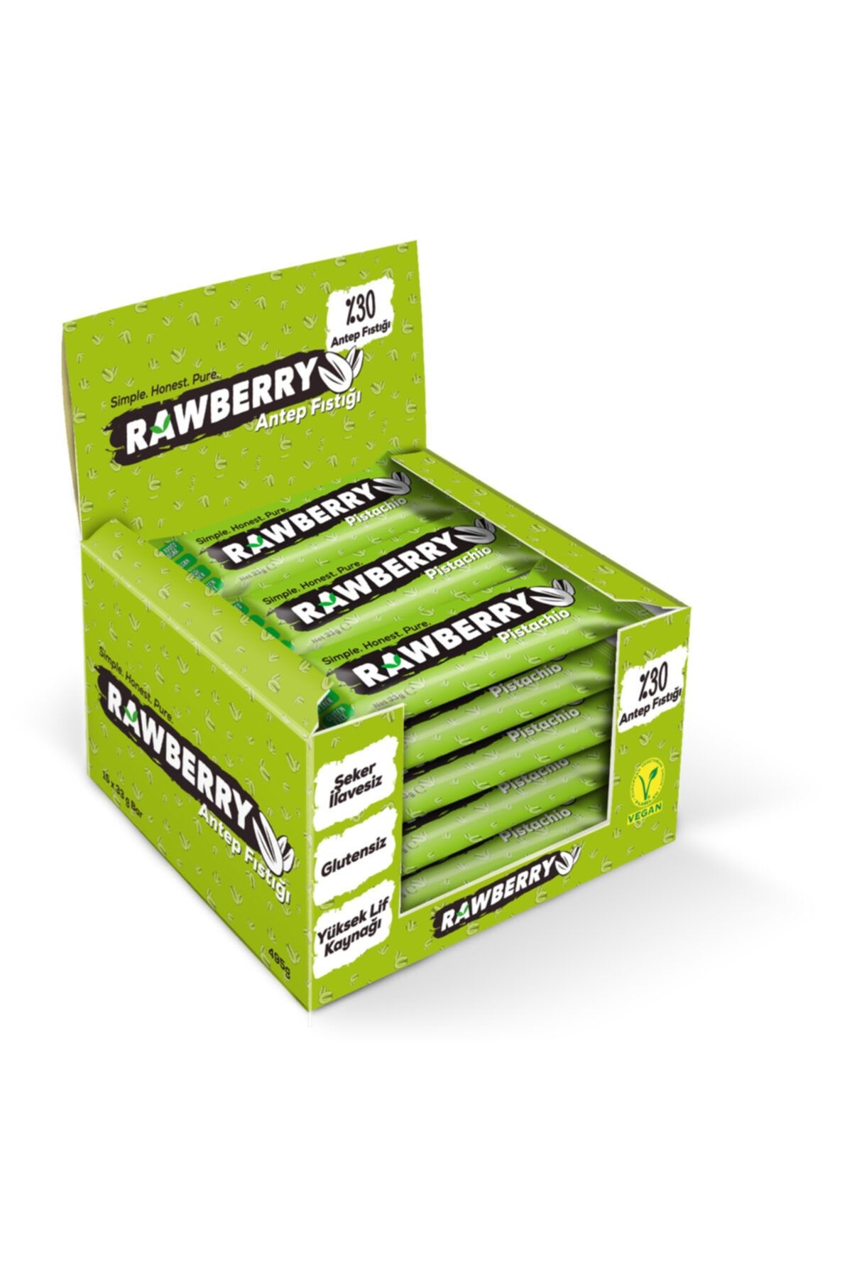 Rawberry %30 Antep Fıstıklı Şeker Ilavesiz Vegan Glutensiz Kuruyemiş Bar (kutuda 15 Adet)
