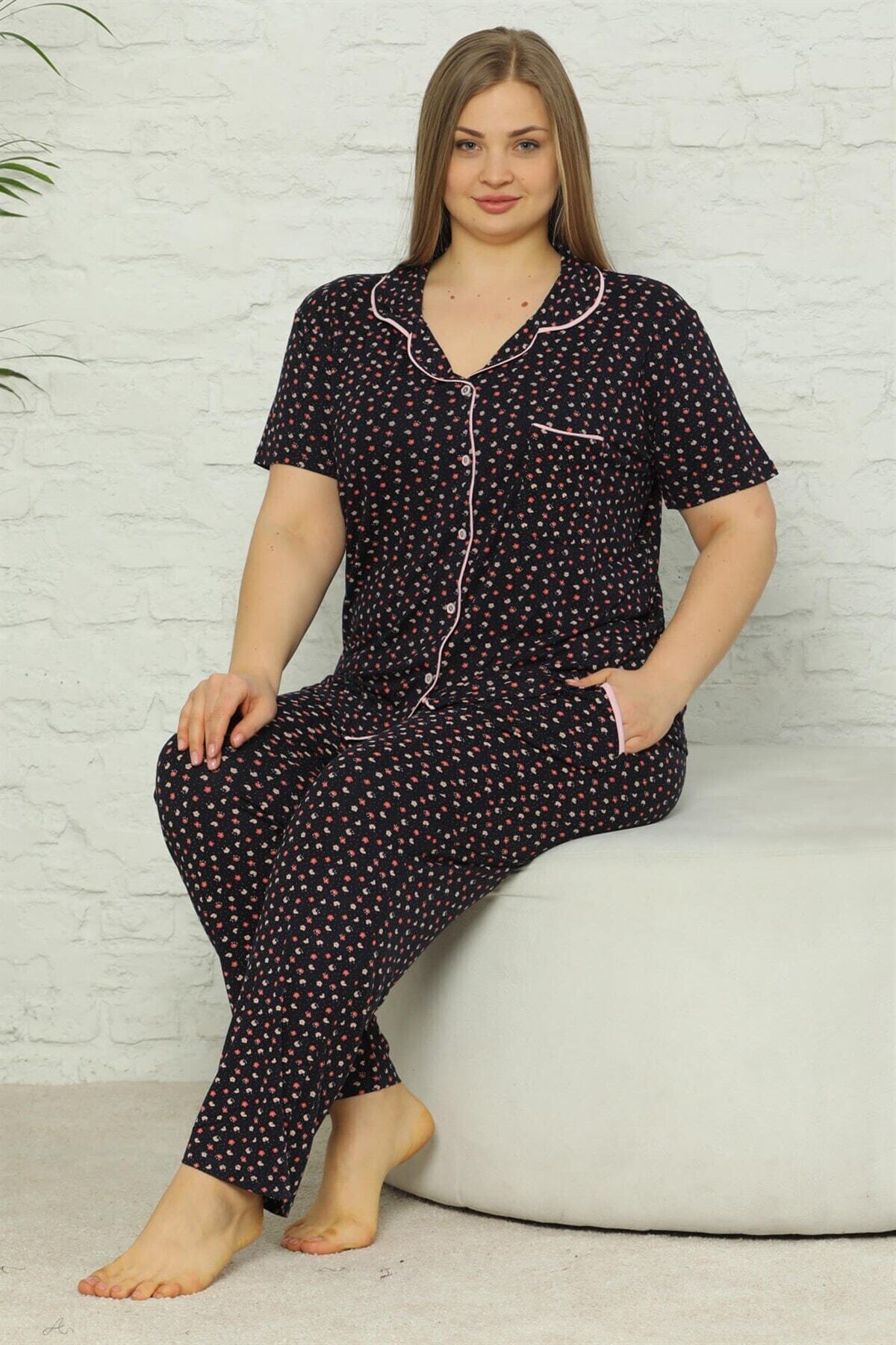 Biarat Moda Çizgi Kadın Pamuklu Cepli Kısa Kol Büyük Beden Pijama Takım 202074