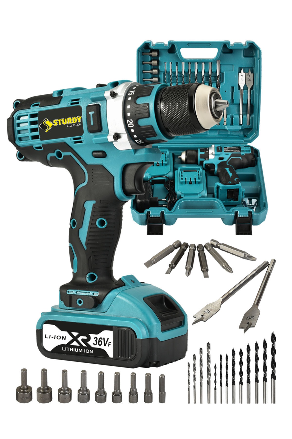 Sturdy Japon Techn 2022 Seri 36vf 5ah Xr Çelik Mandren- Şanzuman Şarjlı Çift Akülü Vidalama 30 Prç Setli