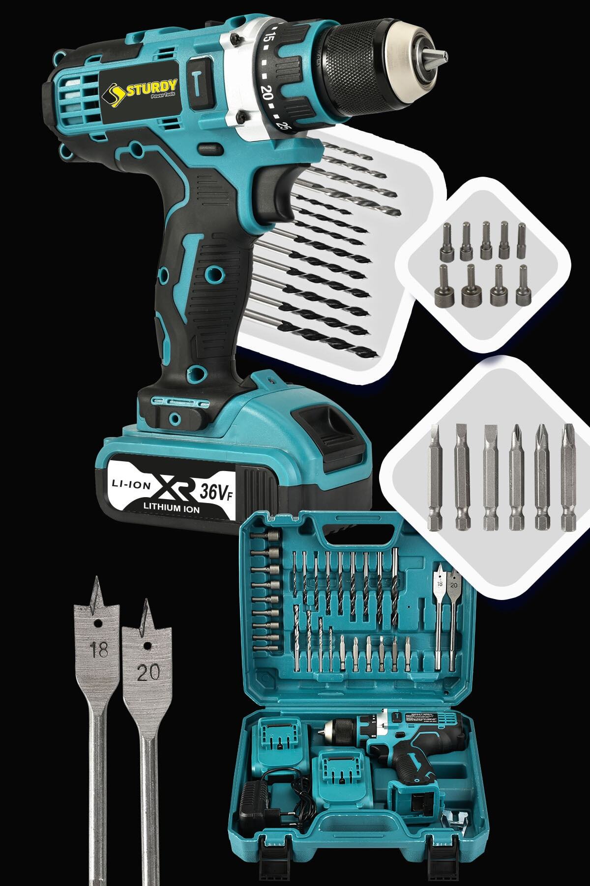Sturdy Japon Techn 2022 Seri 36vf 5ah G3 Çelik Mandren- Şanzuman Şarjlı Çift Akülü Vidalama 30 Prç Setli