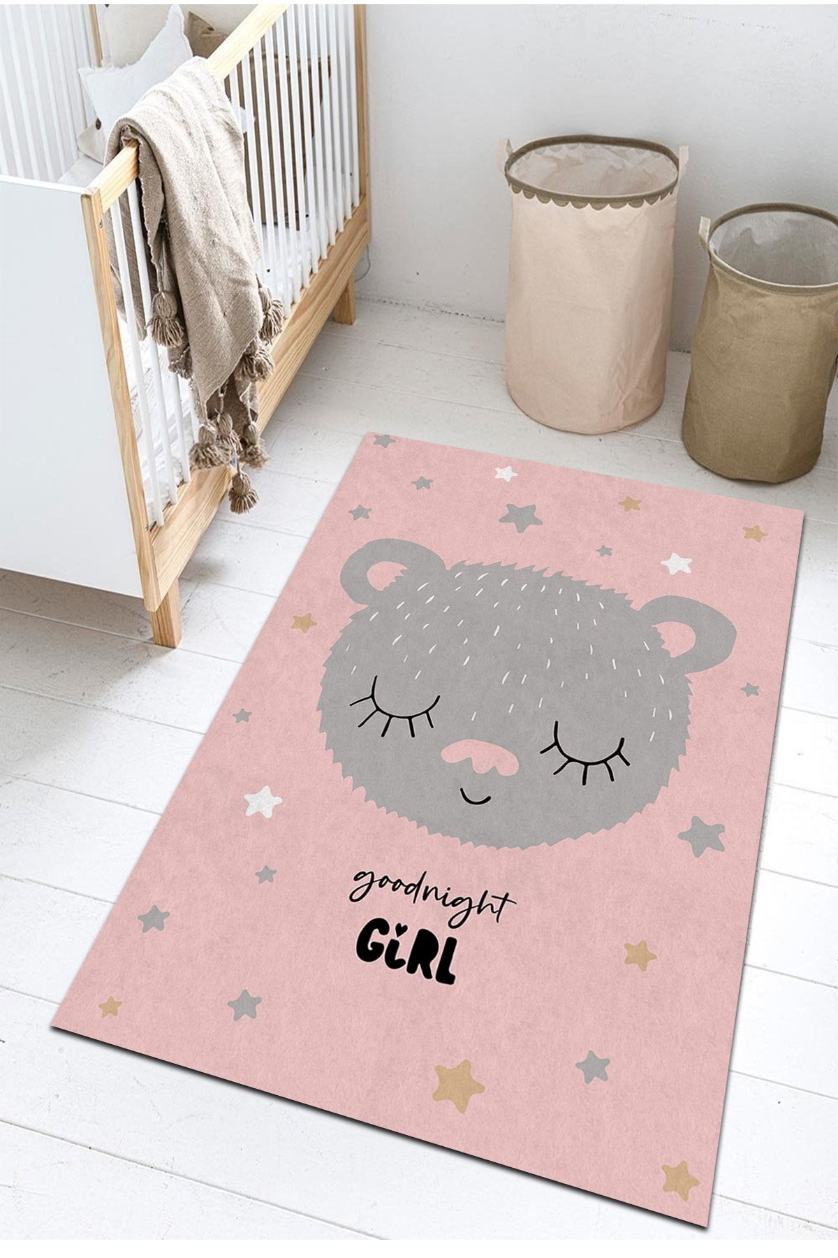 PINKIE HOME Dijital Baskı Kaymaz Taban Makinede Yıkanabilir Sevimli Ayı Desenli Pembe Çocuk Odası Halısı-9