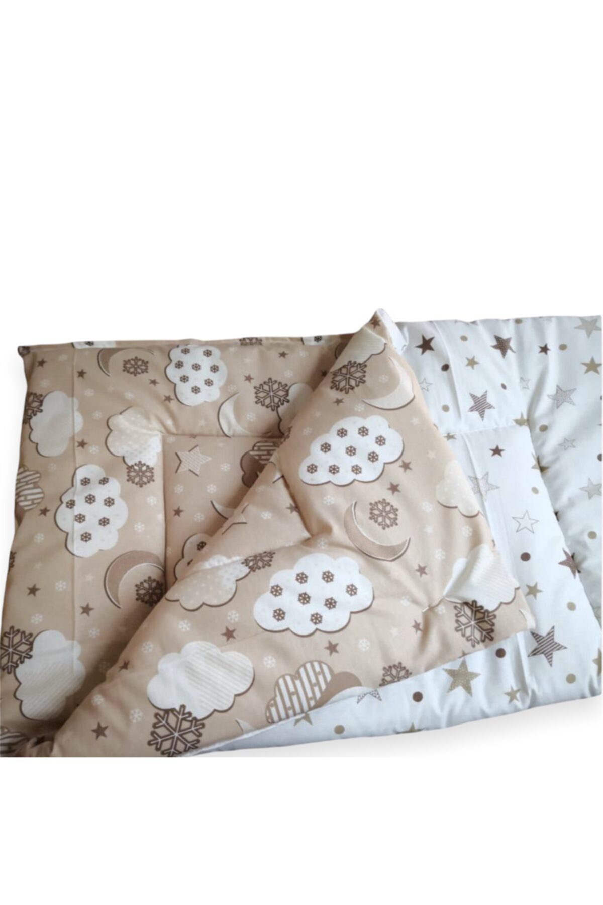 Bebek Özel %100 Pamuk Bebek Çocuk Yorganı 100 X 190 cm Kahverengi Bulutlu Yıldızlı