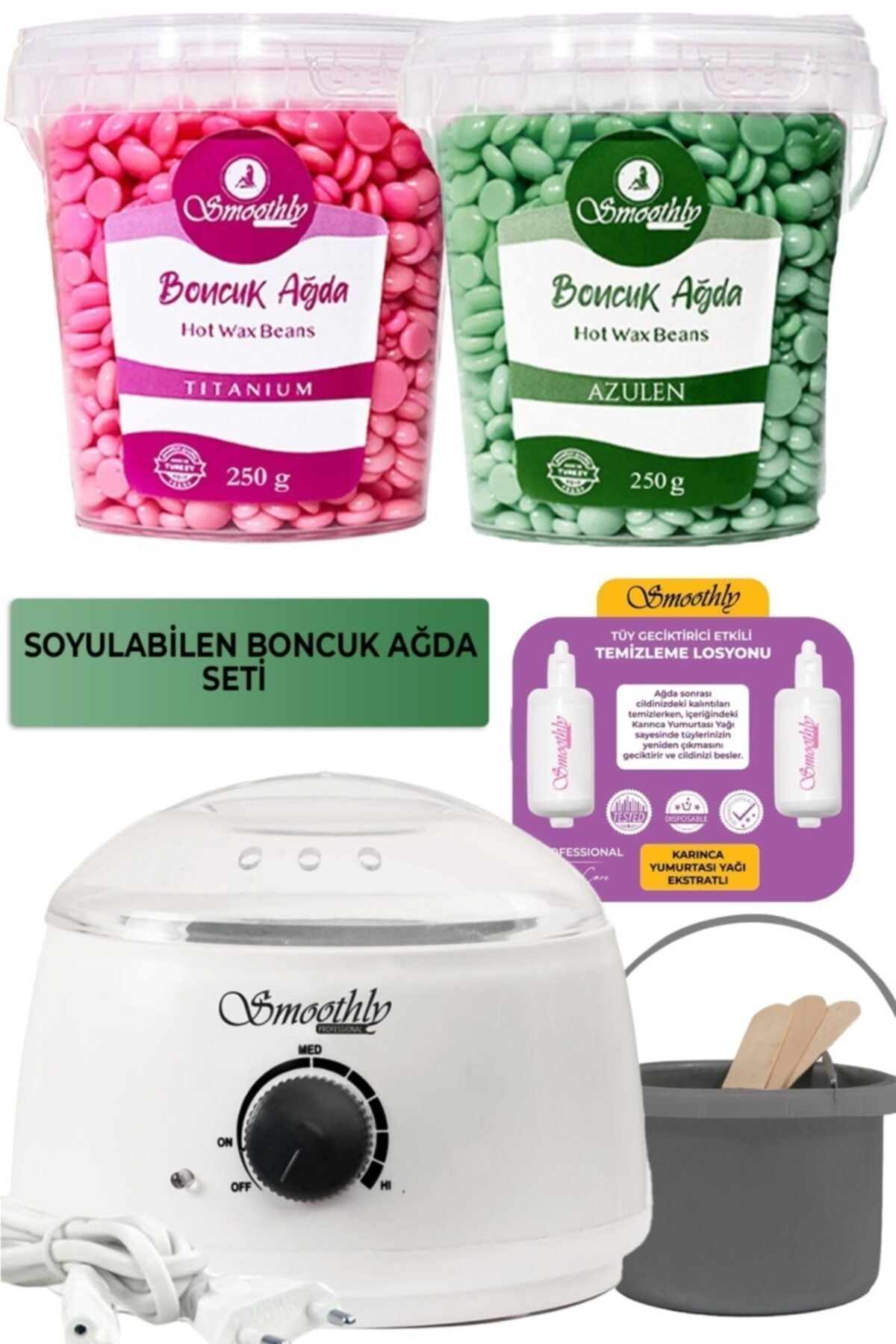Smoothly Pudralı Soyulabilen Boncuk Ağda 2 Kutu+beyaz Makina Isı Ayarlı+tüy Geciktirme Etkili Yağ+spatula