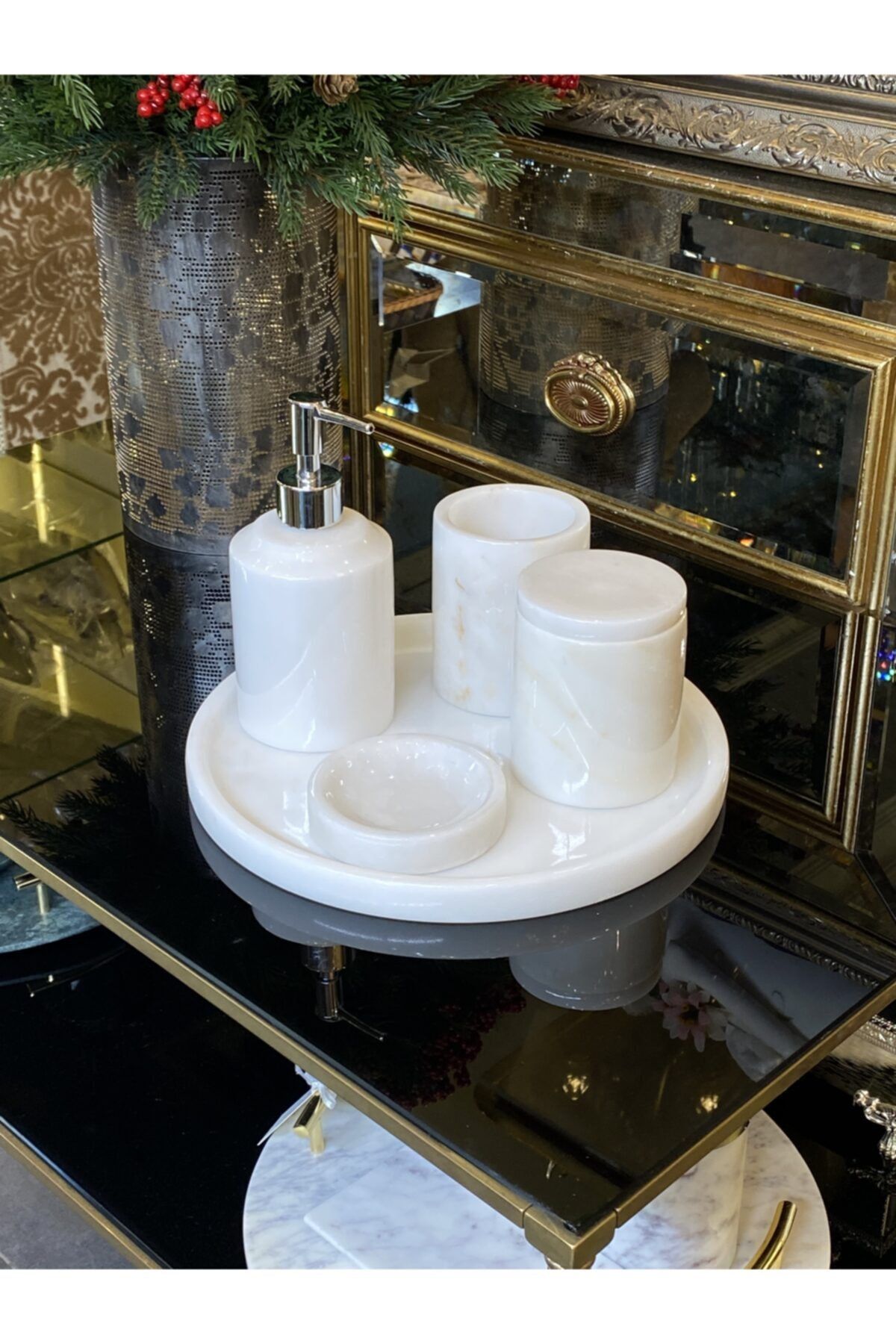 Dantel Evi Sade Krem Mermer Beş Parça Banyo Takımı