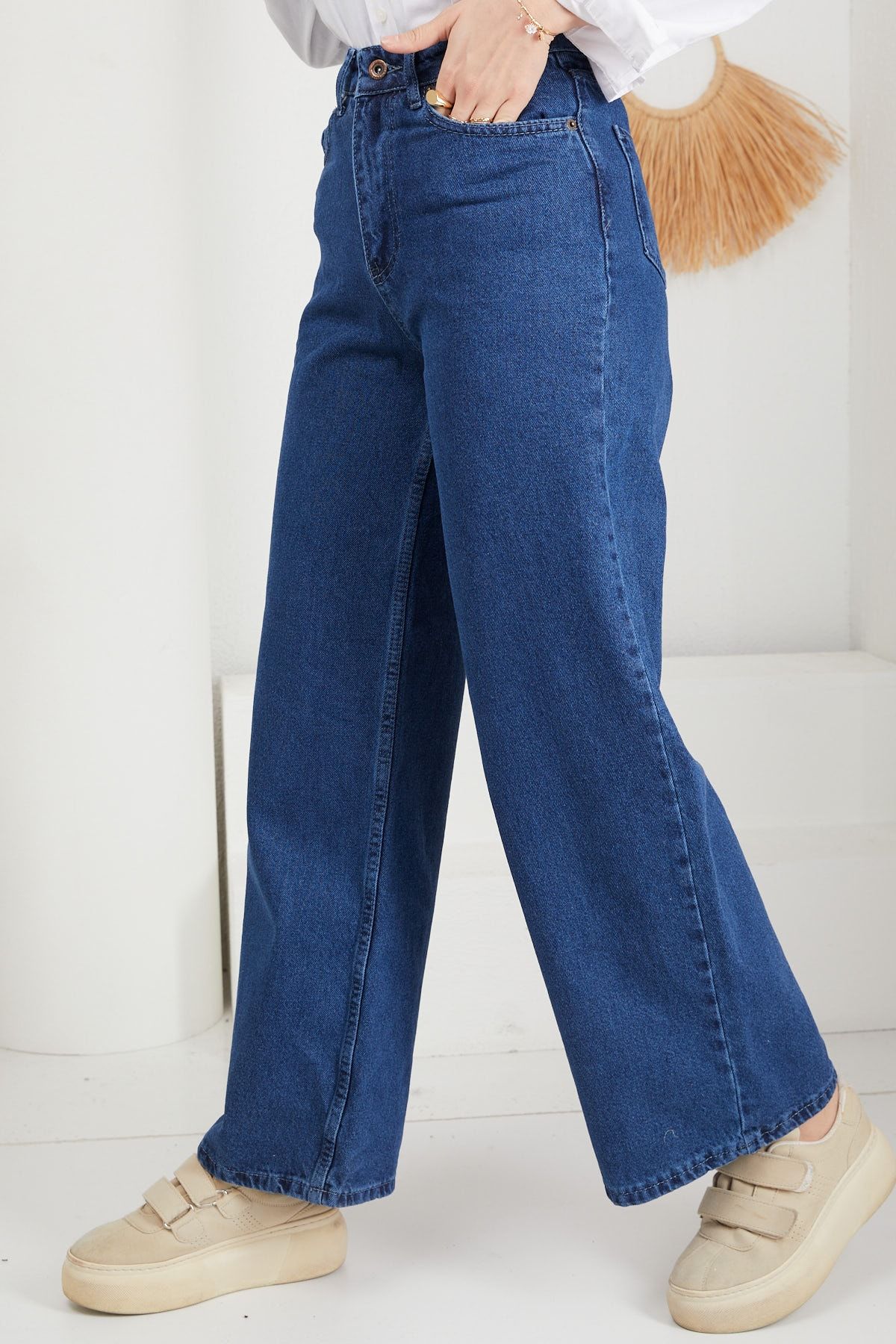 İmajButik Geniş Paça Tesettür Kot Pantolon /koyu Mavi
