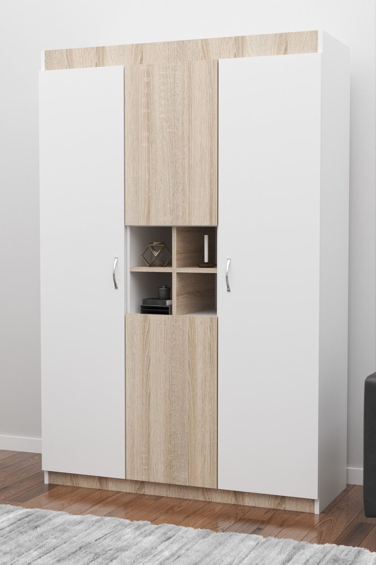 AEKA Ae 1085 Liva 4 Kapaklı Dolap Çok Raflı Çift Askılı Beyaz Sonomo Gardırop