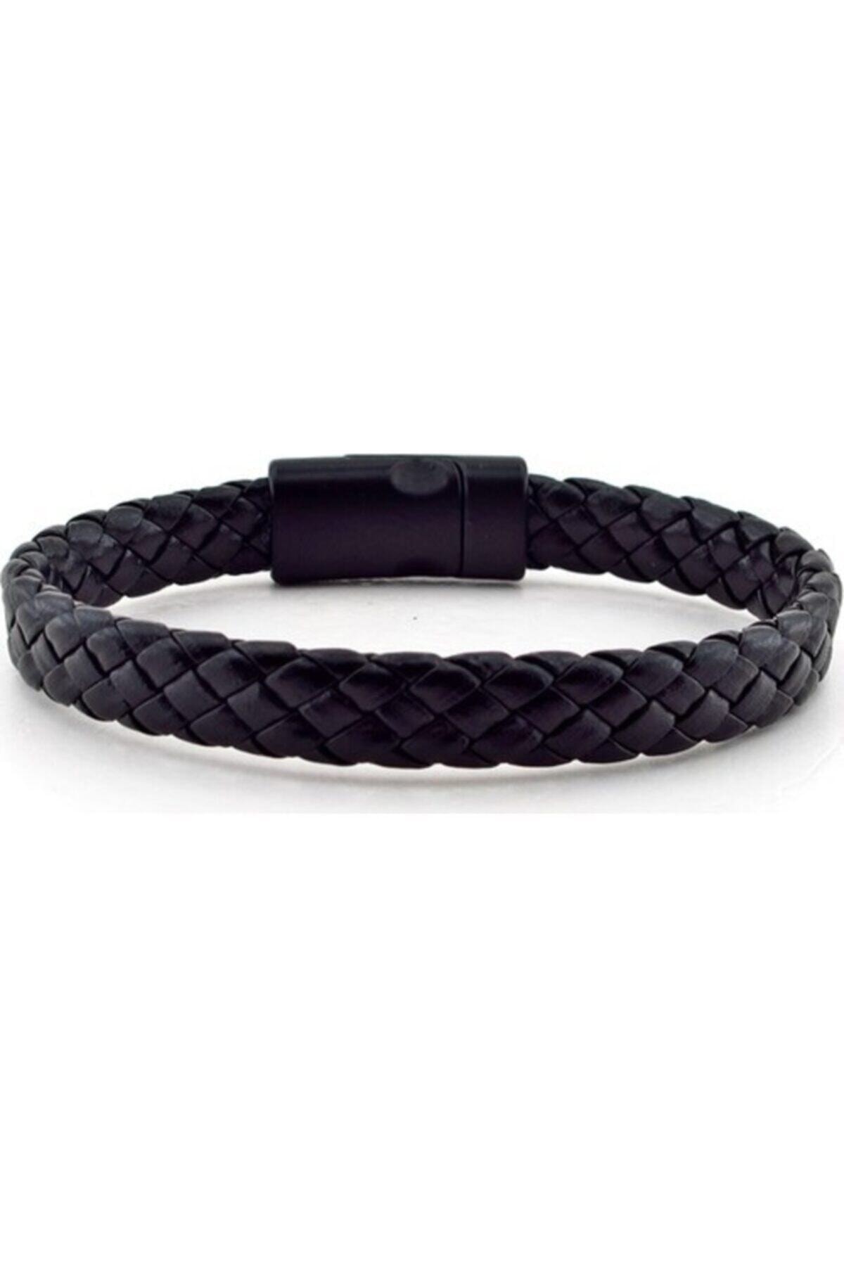 TrendMavi Siyah Metal Mıknatıslı Örgü Deri Erkek Bileklik