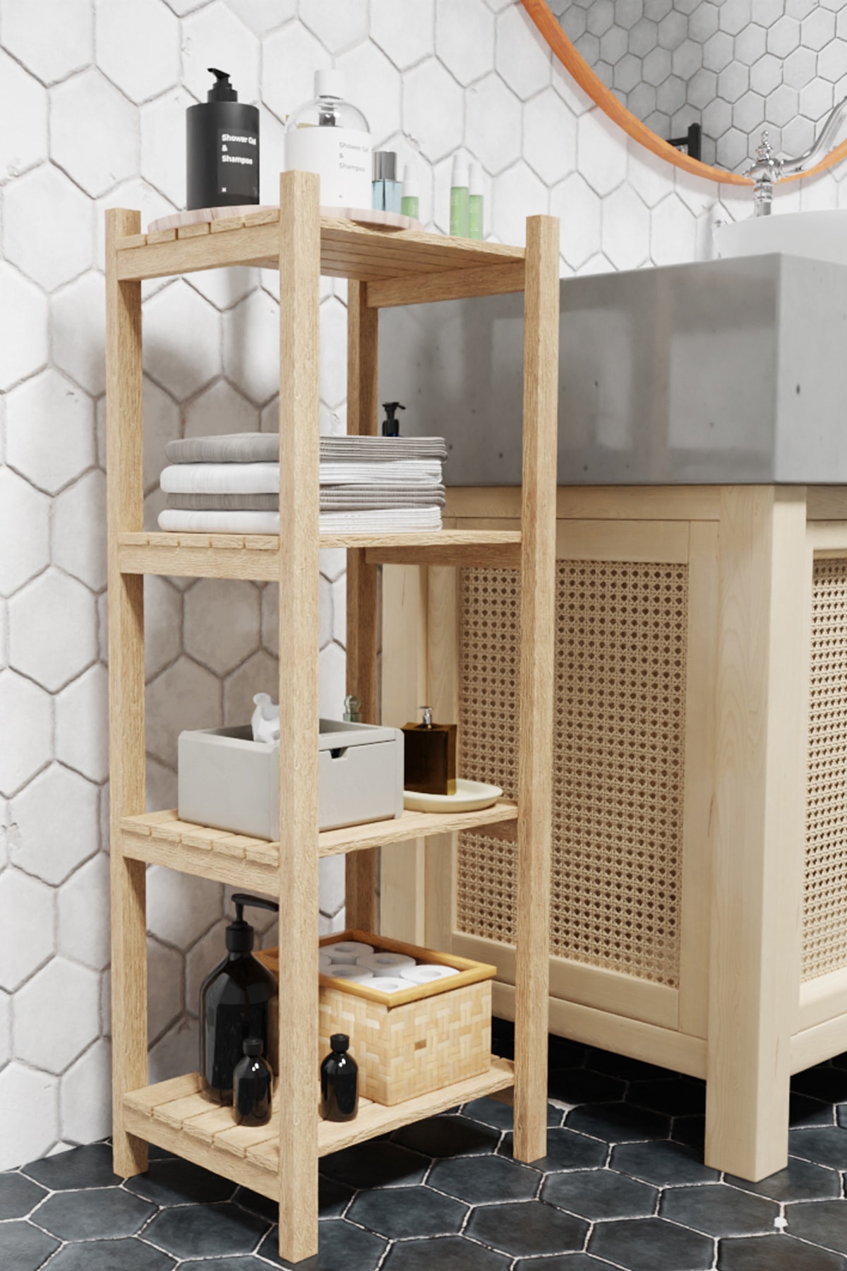 minikonsept Doğal Ahşap Banyo Düzenleyici Organizer Raf