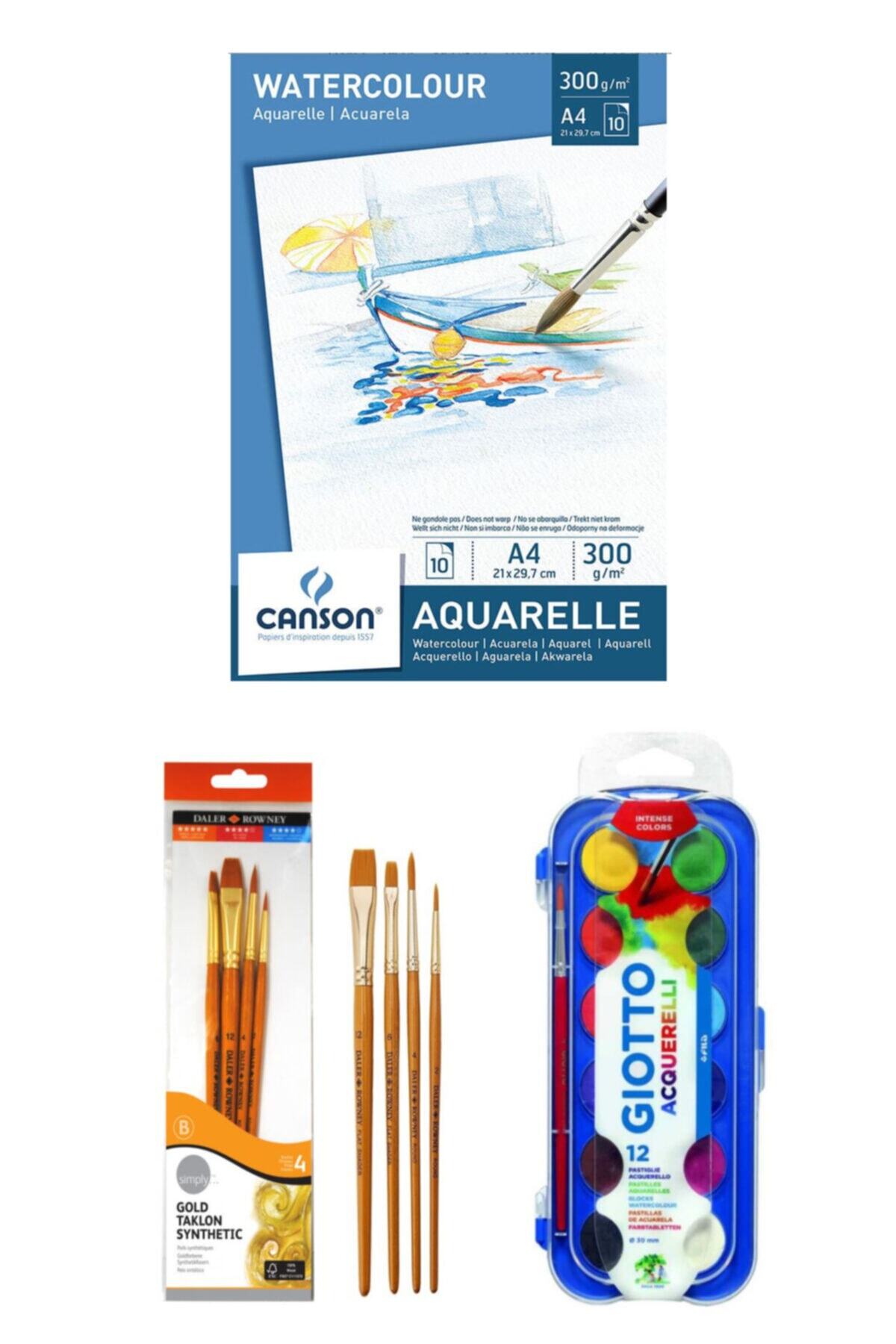 GLANCE Canson Sulu Boya Blok Defteri 10 Sy A4 300 Gr+giotto Block Sulu Boya 12 Li+daller Fırça Seti 4 Lü