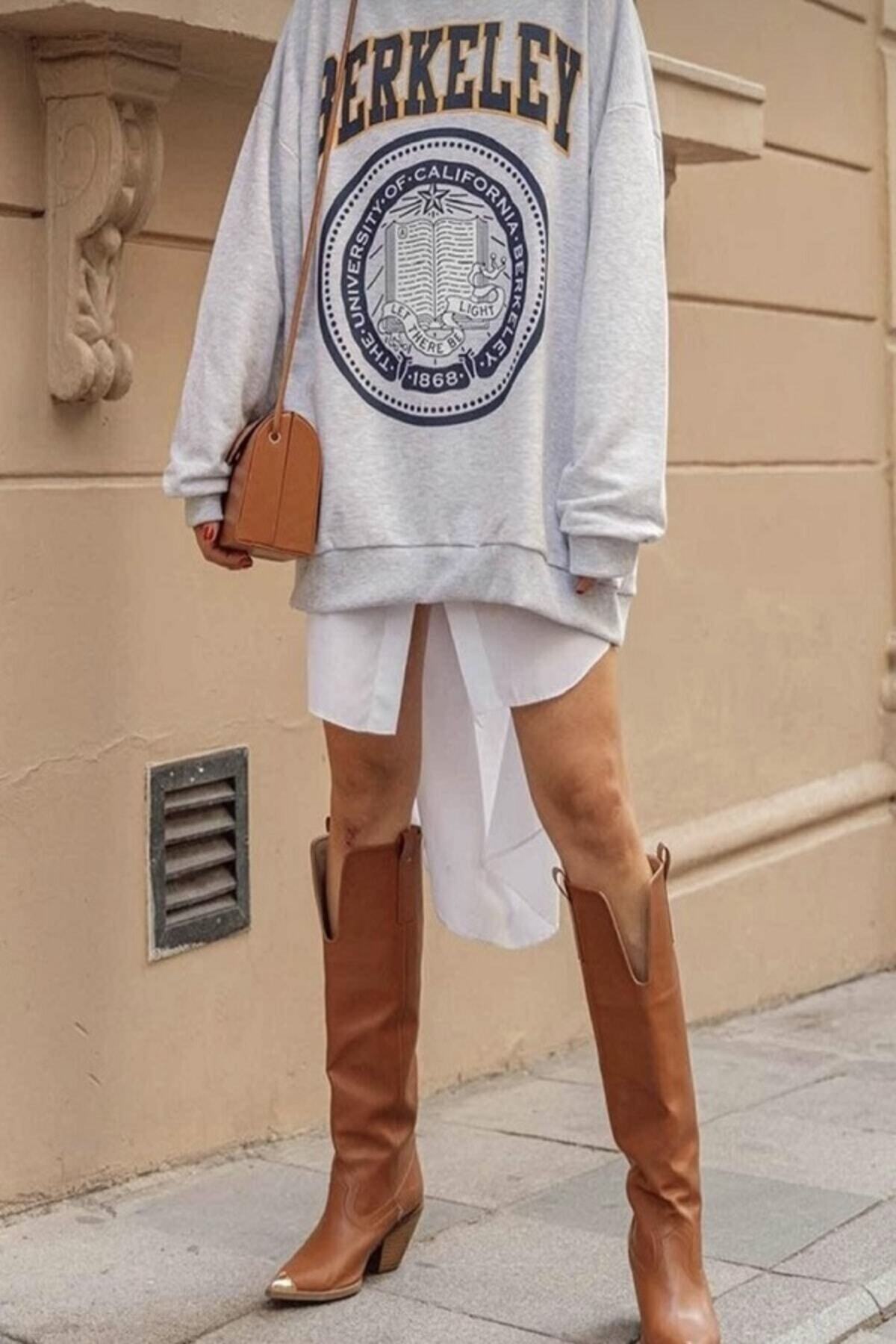 MOONBULL Kadın Oversize Baskılı Fermuarlı Sweatshirt College