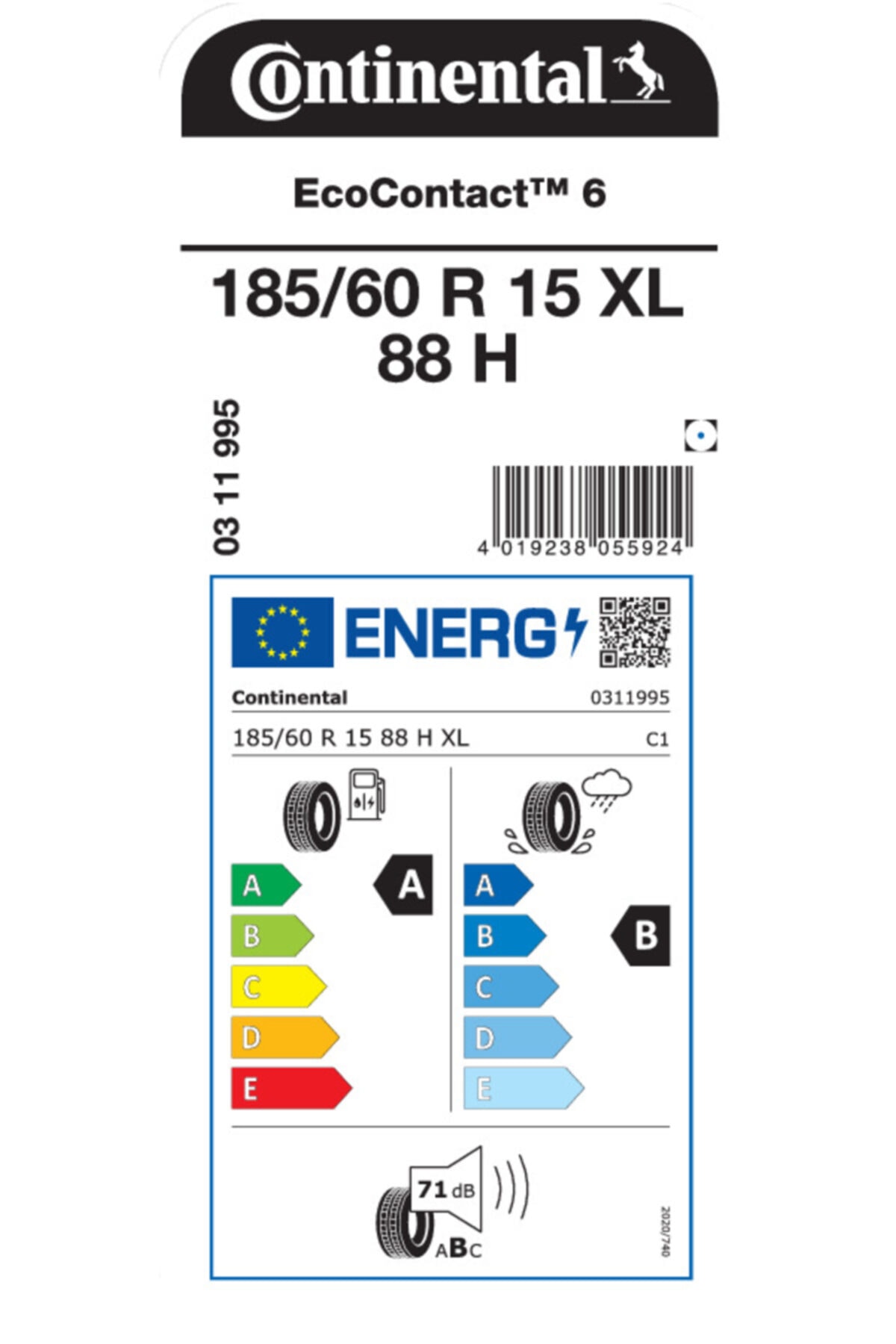 Continental 185/60r15 88h Xl Ecocontact 6 2021 Üretim