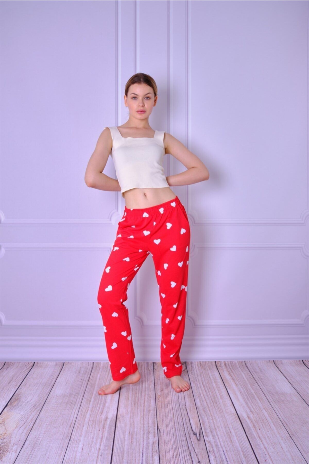 ESPİNA Kadın Kırmızı Kalp Desenli Cepli Pijama Altı