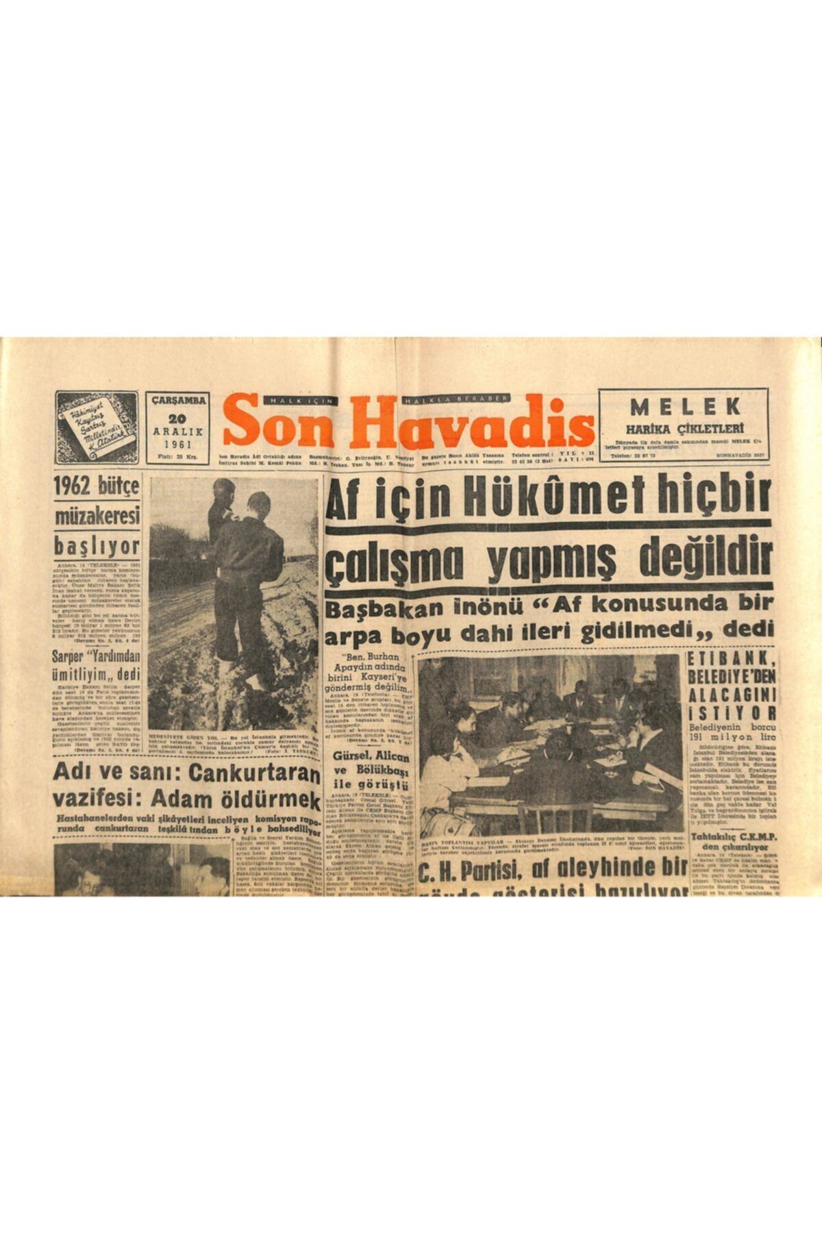 Gökçe Koleksiyon Son Havadis Gazetesi 20 Aralık 1961 - Af Için Hükümet Hiçbir Çalışma Yapmış Değildir