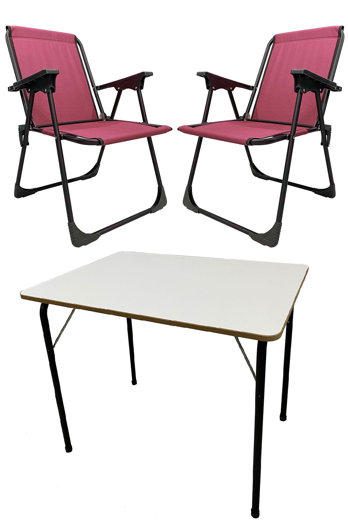 moniev 2 Adet Katlanır Kamp Sandalyesi Piknik Koltuğu Plaj Şezlongu Bordo Mdf Masa