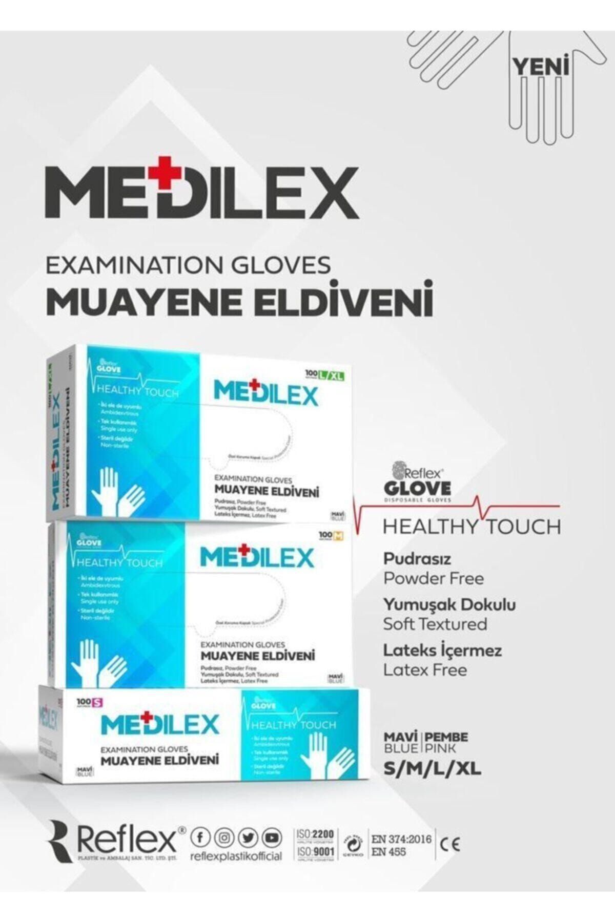 REFLEKS Medilex Pudrasız Muayene Eldiveni Mavi Renk 100 Adet M Beden Latex Vinil Muadil