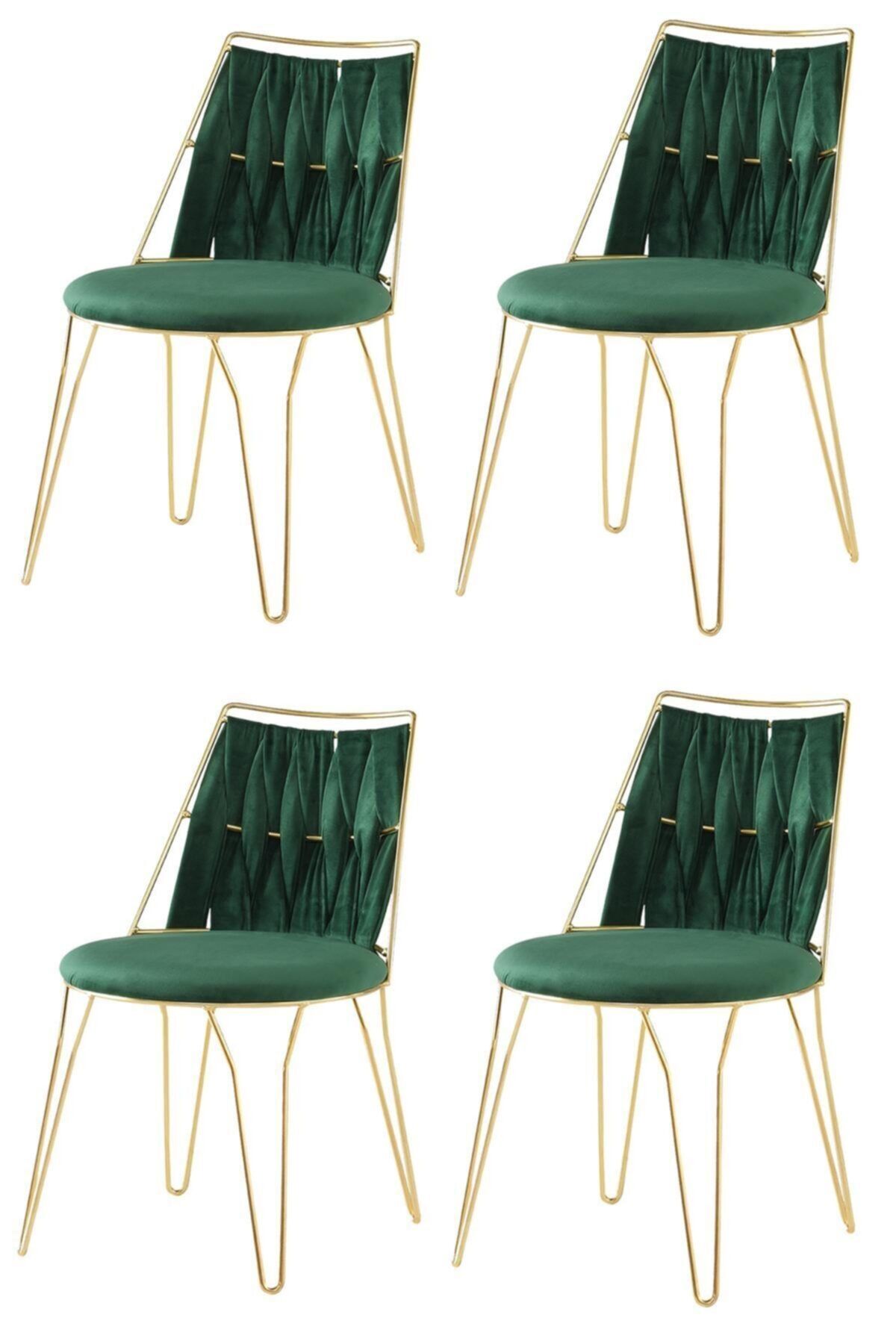 sweet homee 4 Adet Ada Örgülü Sandalye Yeşil Metal Gold Mutfak Salon Yemek Odası Sandalyesi