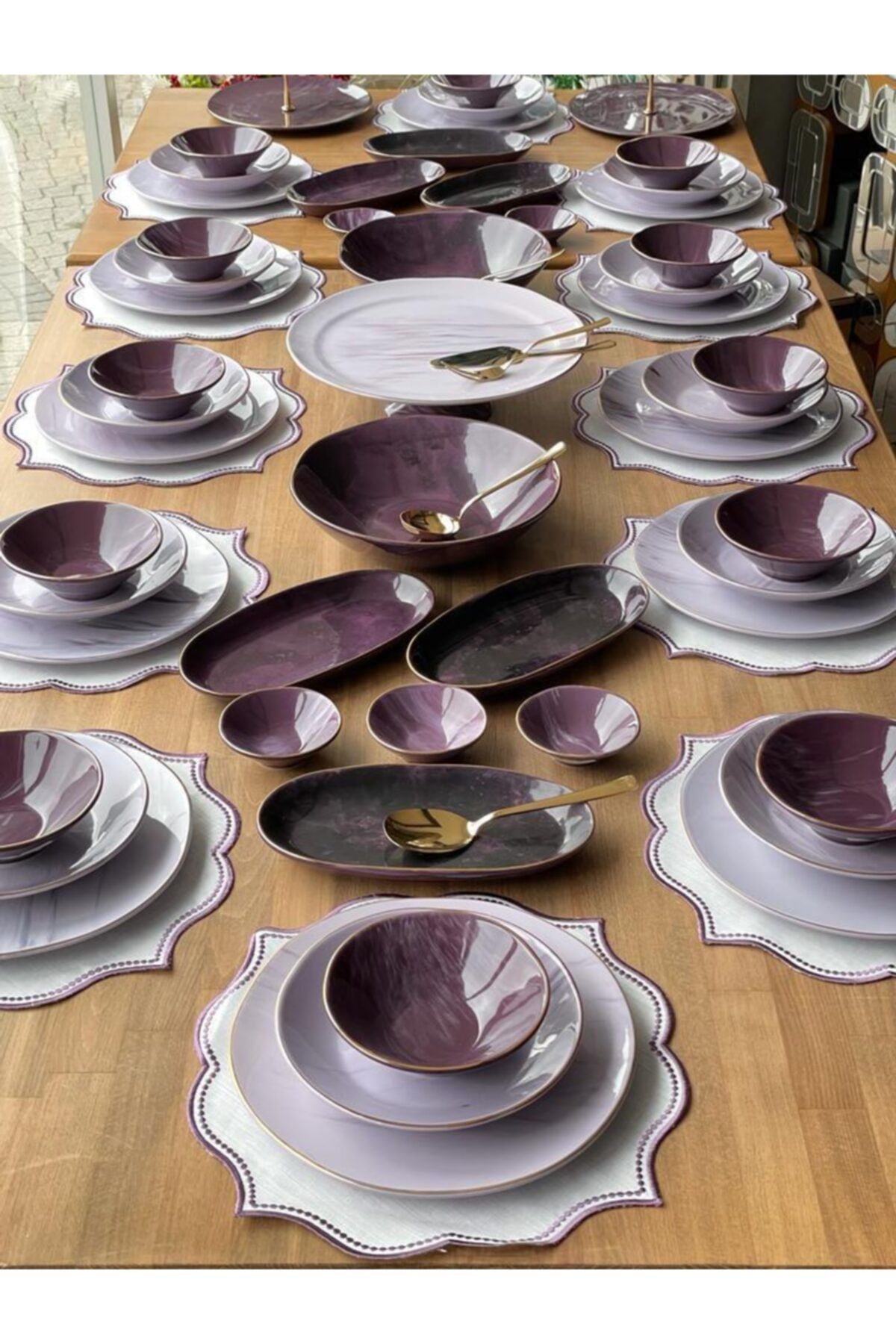 ROSSEV Yemek Takımı Mor Mermer Desen 70 Parça 12 Kişilik