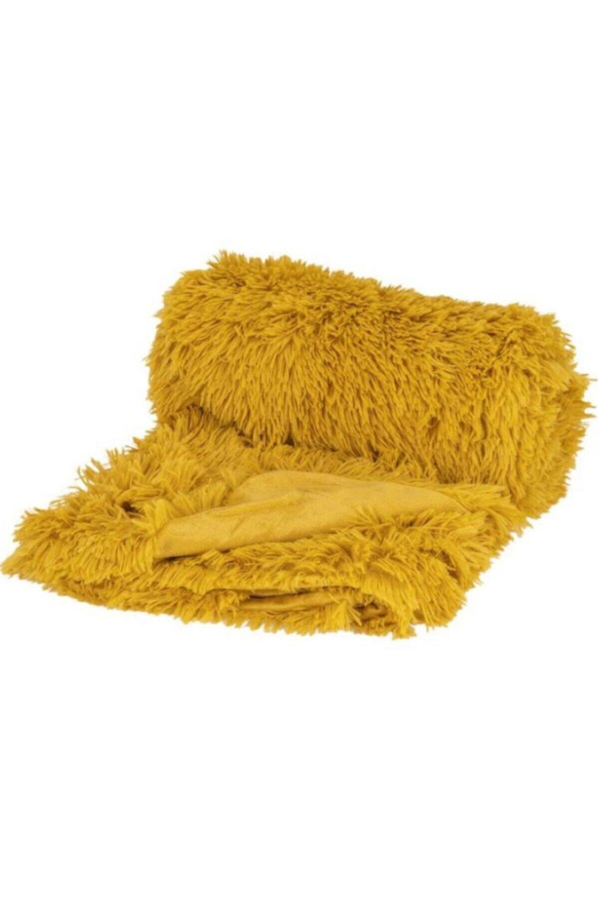 MER HOME Uzun Tüylü Peluş Yatak Koltuk Şalı Hardal