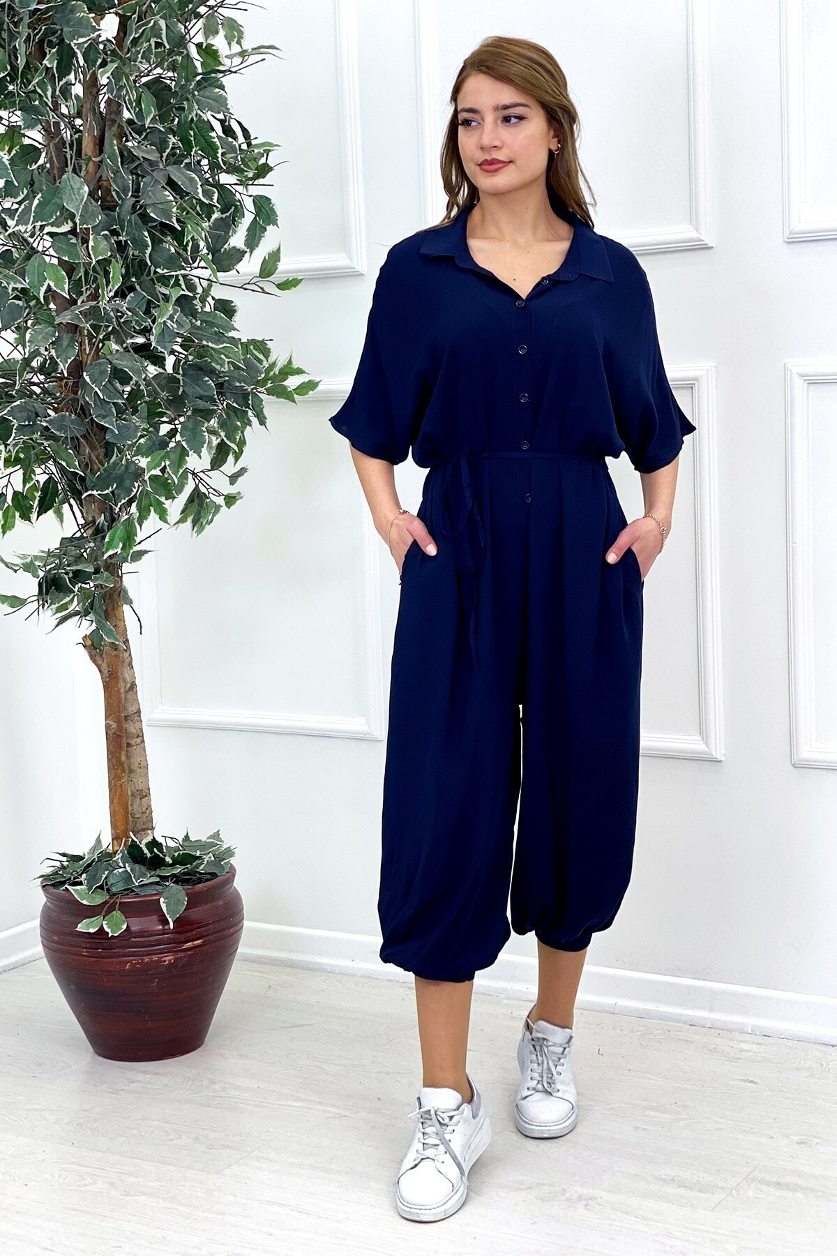 Saklı Butik Düğme Detay Şalvar Tulum-sk546 - Lacivert