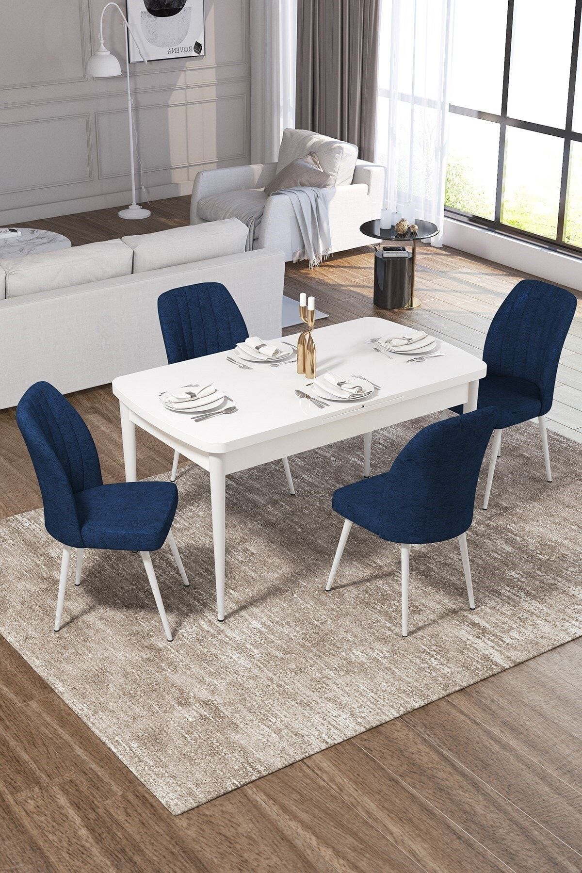 Canisa Concept Ege Serisi 70x114, Açılabilir Mutfak Masa Takımı, Beyaz Masa Ve 4 Lacivert Sandalye