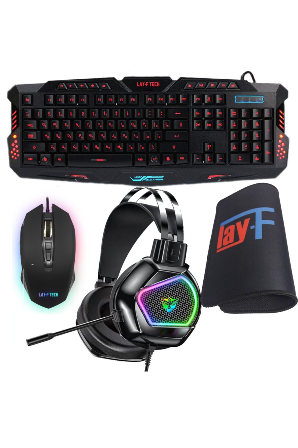 layftech J30-sc128/a-h155 Oyuncu Klavye Mouse Kulaklık Mousepad,4'lü Gaming Set,88 Fark Işık