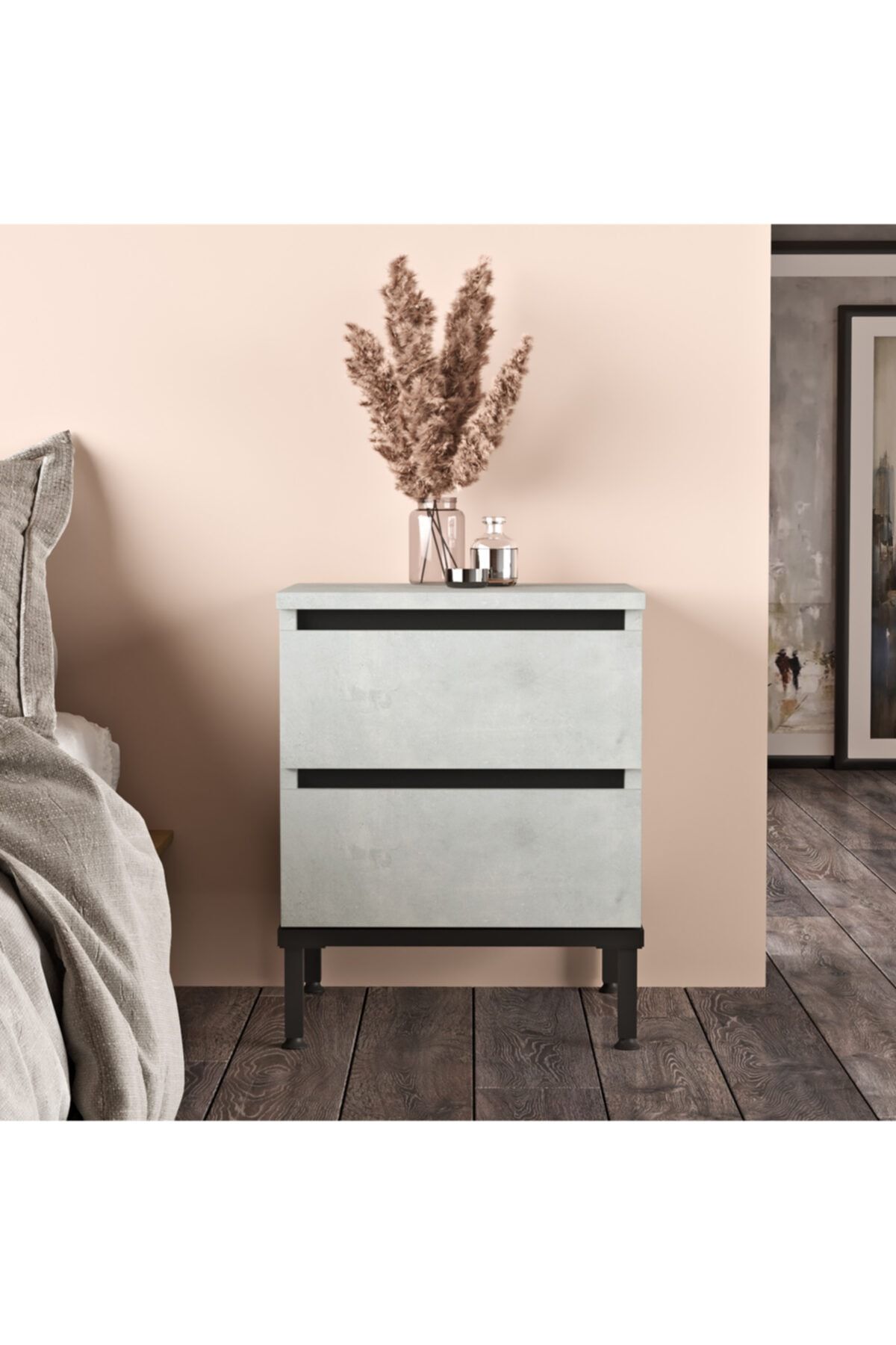 Robin Home Diego Komodin 2 Çekmece Metal Ayaklı Taş-siyah Dg25-tl