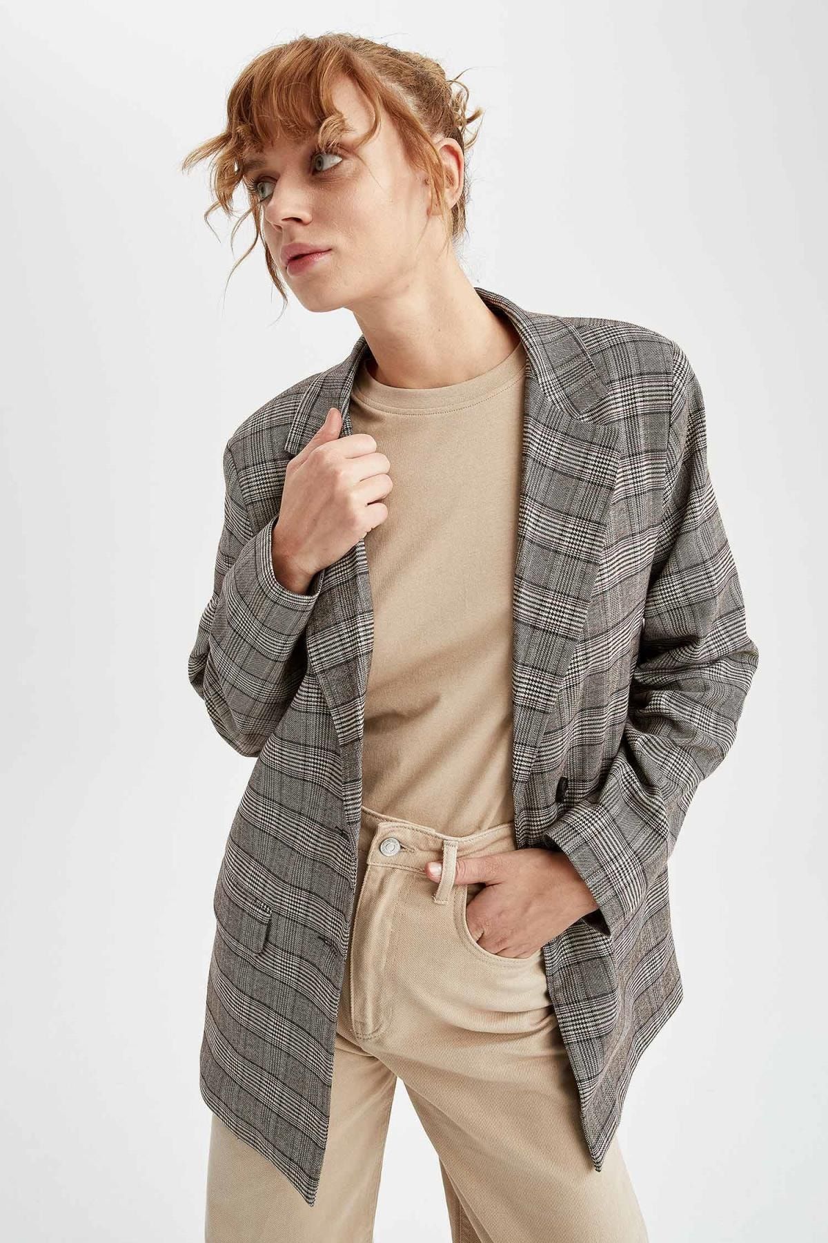 DeFacto Kareli Kapaklı Cepli Regular Fit Uzun Kollu Blazer Ceket