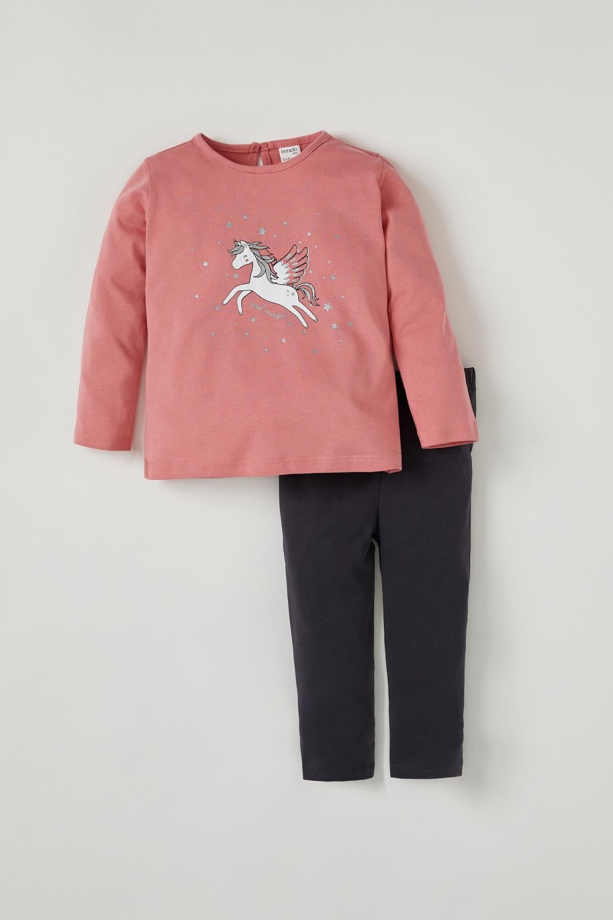 DeFacto Kız Bebek Unicorn Baskılı Pamuklu Tişört Ve Alt Takımı