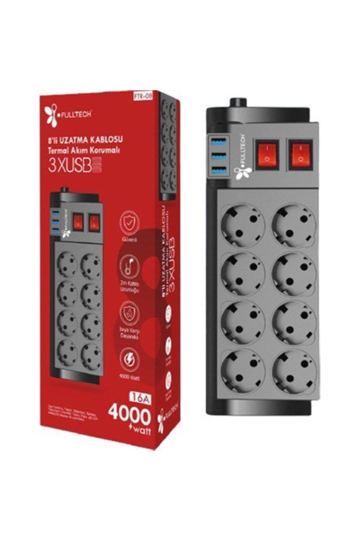 Fulltech Termal Akım Korumalı 8'li Priz 3 X Usb - 2 Mt Kablo Uzunluğu Ftr-08
