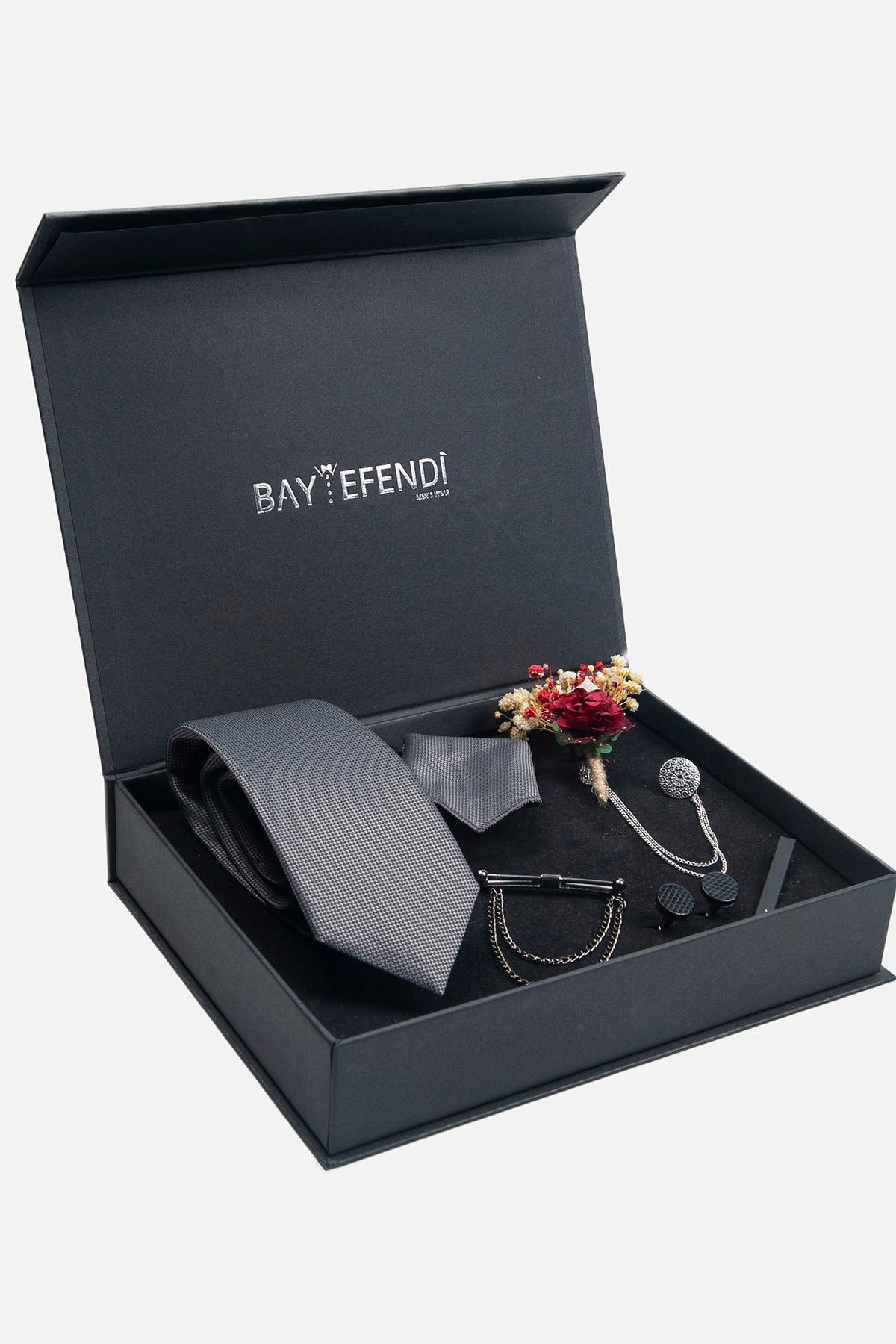 BAYEFENDİ Gri Renk Kravat & Mendil & Kol Düğmesi & Yaka Çiçeği & Yaka Iğnesi & Kravat Iğnesi Hediye Set