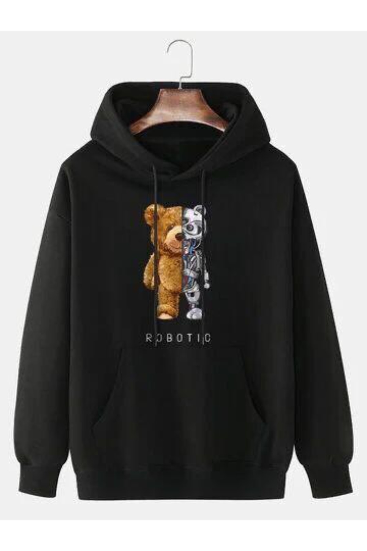 MANCY Uisex Siyah Teddy Robot Baskılı Kapüşonlu Sweatshirt