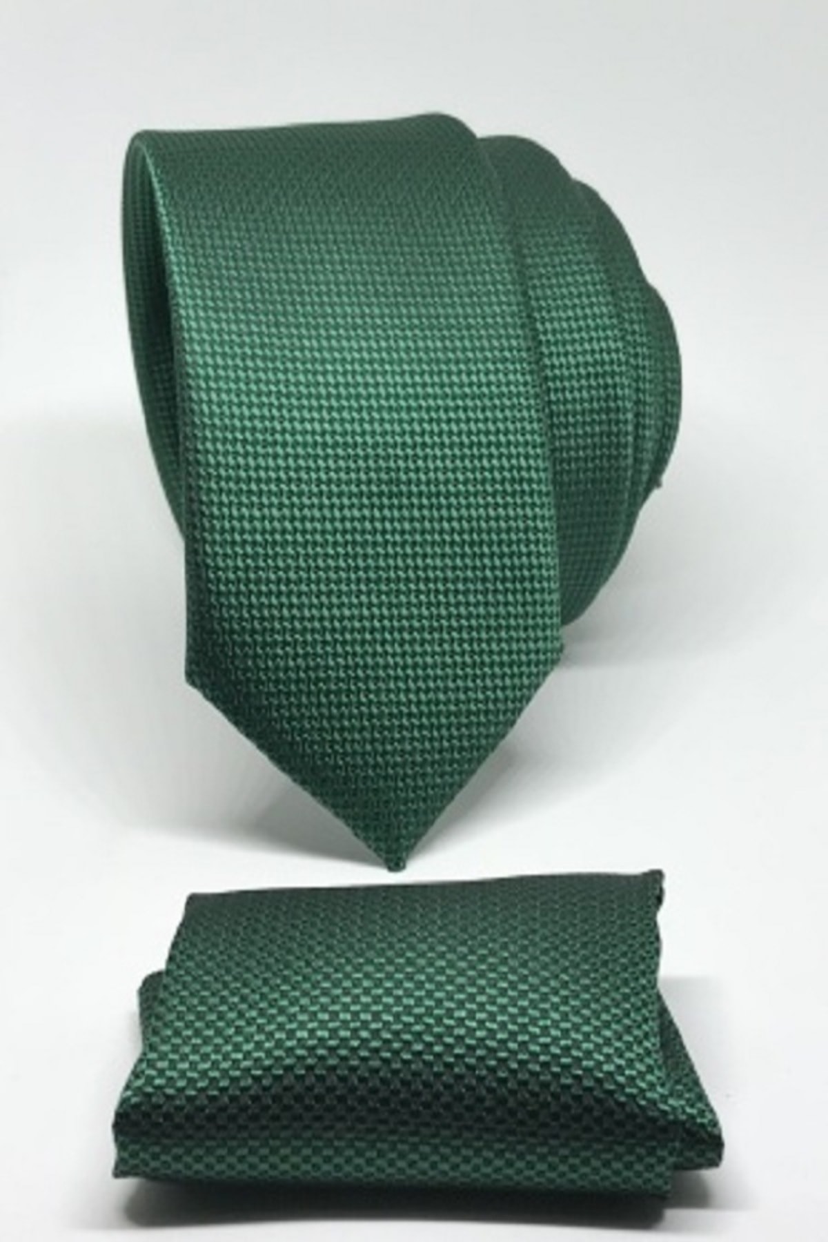 Kravat Gezegeni Yeşil Renk Mendilli Slim Fit Oxford Kuş Gözü Desen Kravat