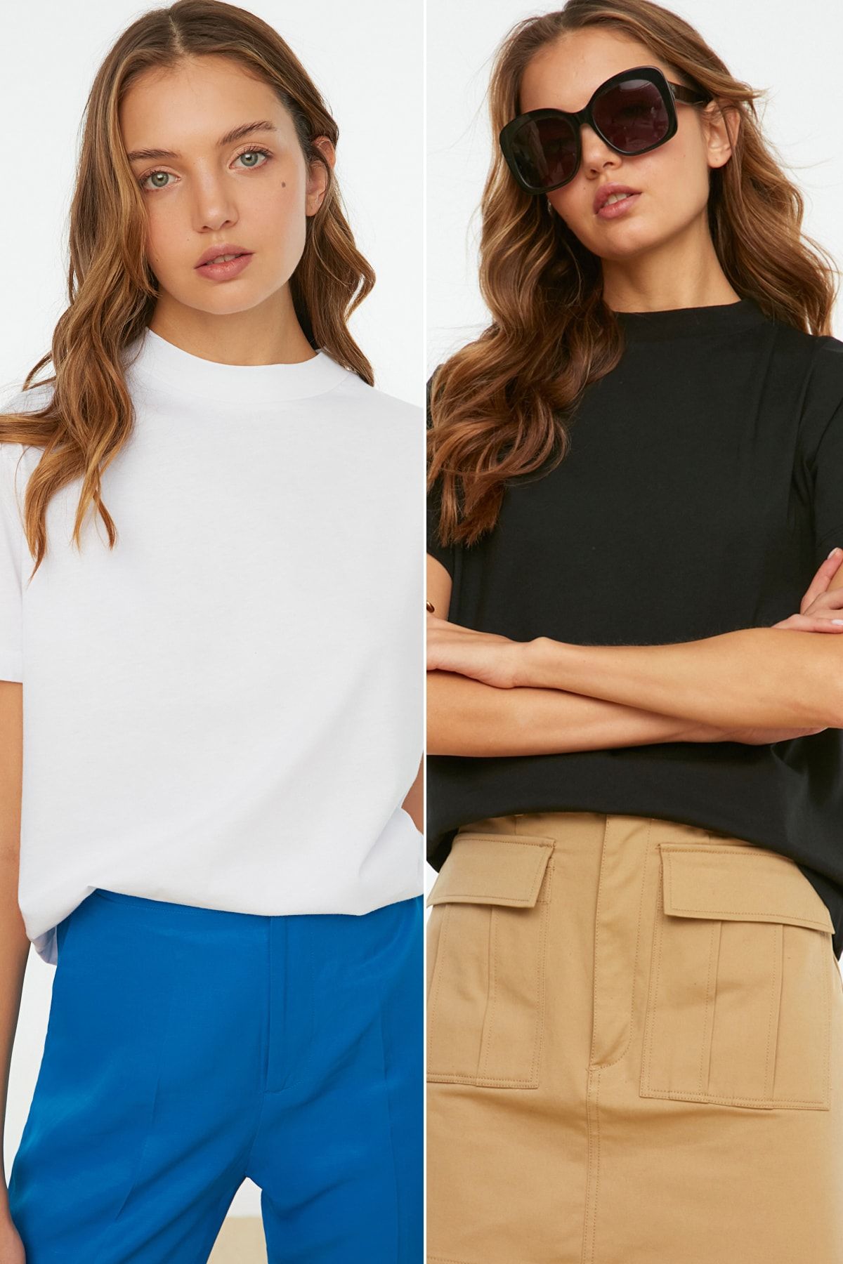 TRENDYOLMİLLA Beyaz ve Siyah Dik Yaka 2'li Paket Basic Örme T-Shirt TWOSS20TS1500
