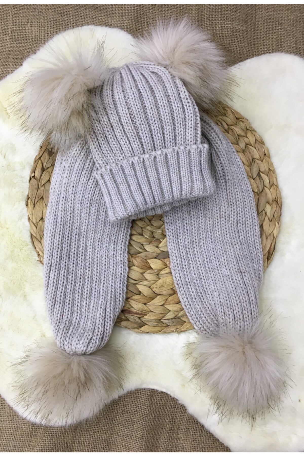 Ponçik Baby Kids Çift Ponponlu Bej Çocuk Atkı Ve Bere Takımı