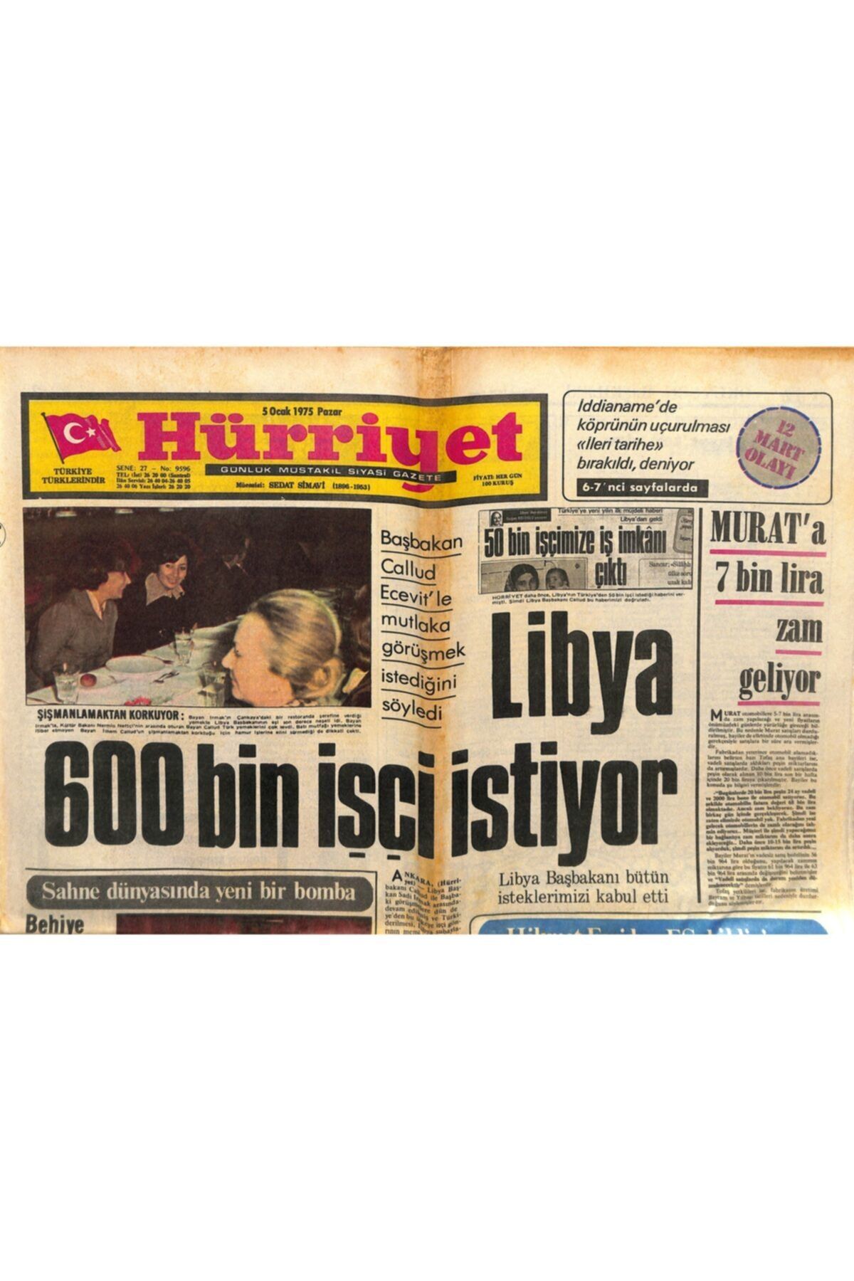 Gökçe Koleksiyon Hürriyet Gazetesi 5 Ocak 1975 - Libya 600 Bin Işçi Istiyor